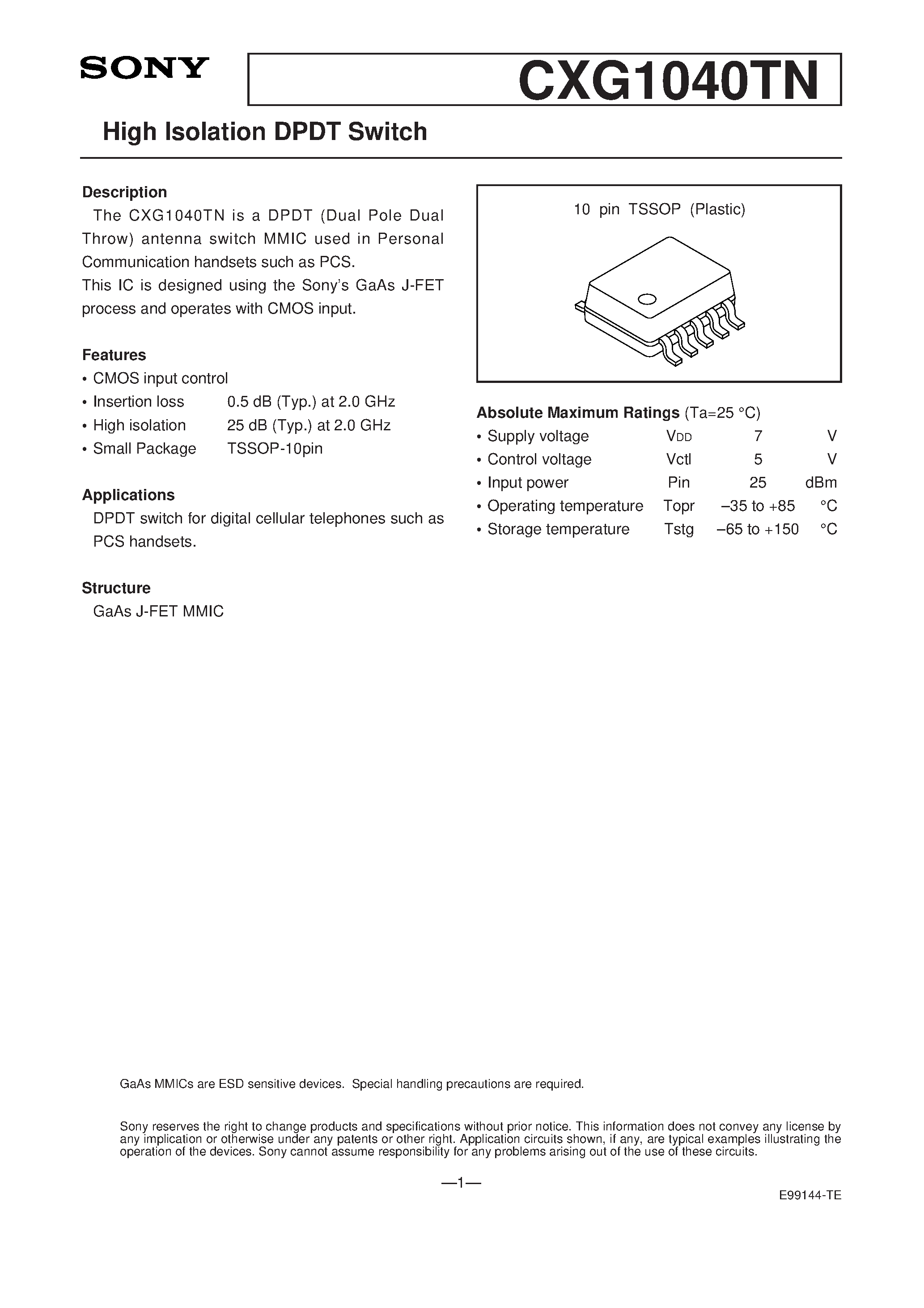 Даташит на микросхему CXG1040TN страница 1 Даташит CXG1040TN - High Isolation DPDT Switch страница 1