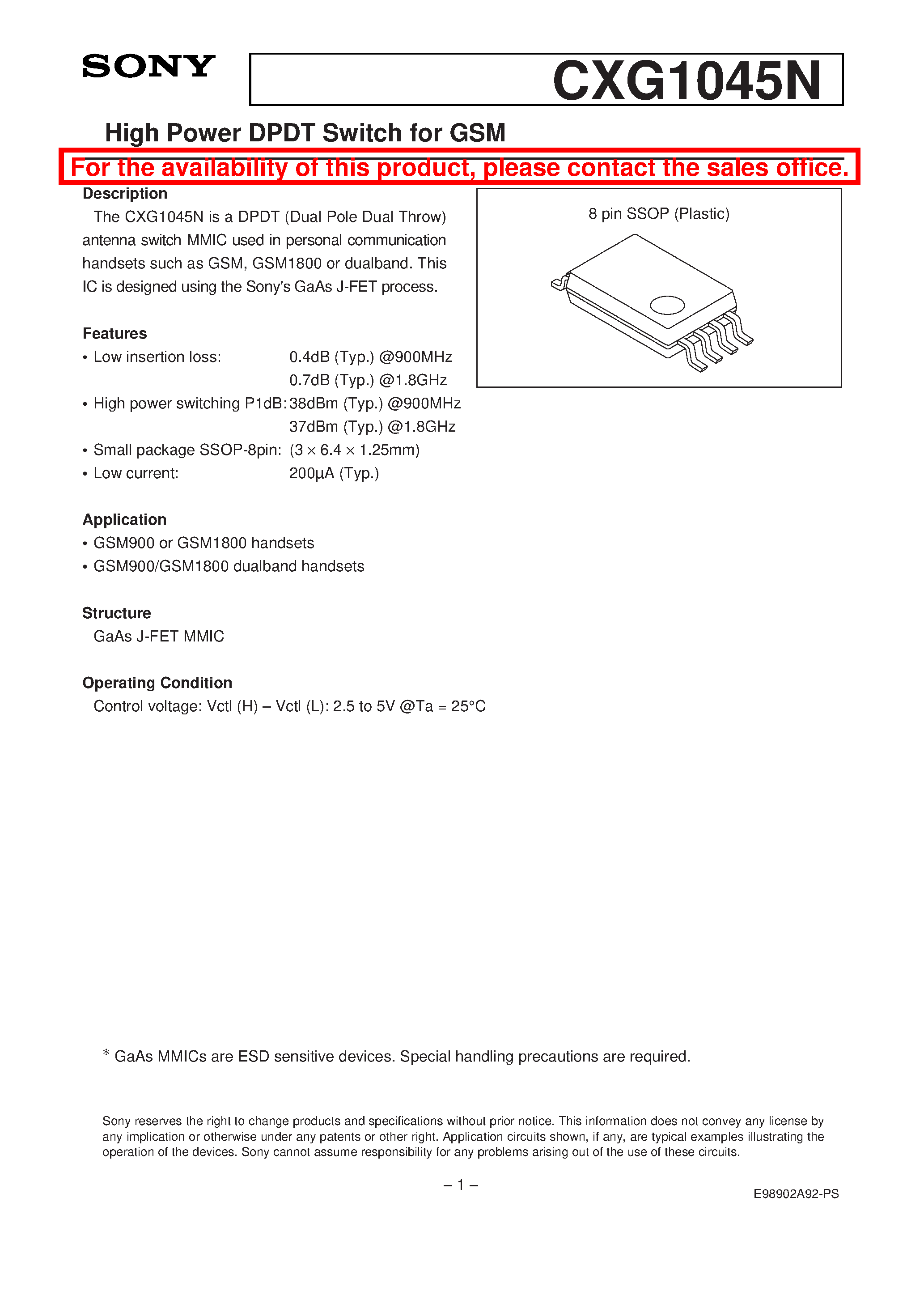 Даташит на микросхему CXG1045N страница 1 Даташит CXG1045N - GSM900/1800/1900 SPDT TX/RX Switch страница 1