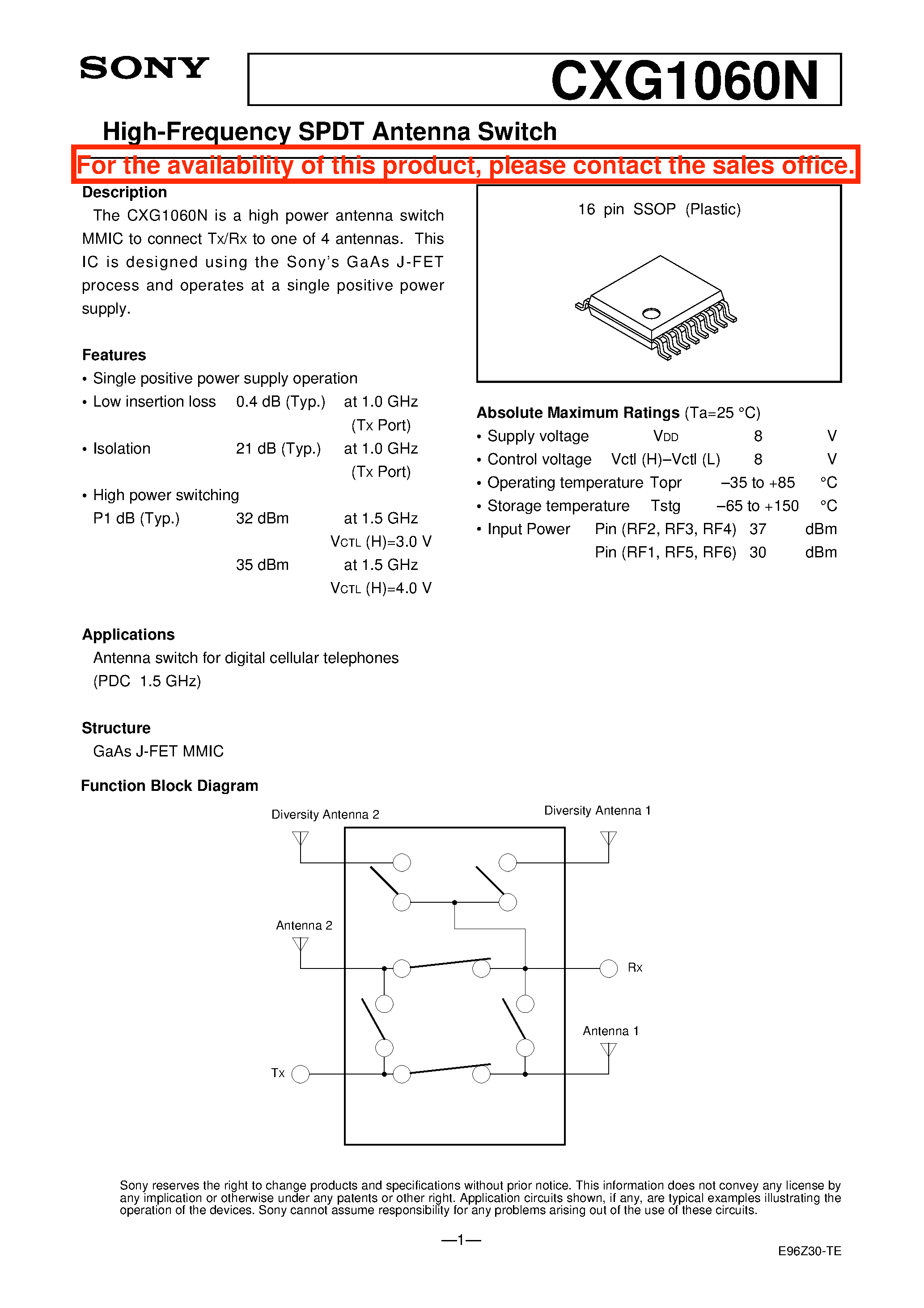 Даташит на микросхему CXG1060N страница 1 Даташит CXG1060N - High-Frequency SPDT Antenna Switch страница 1