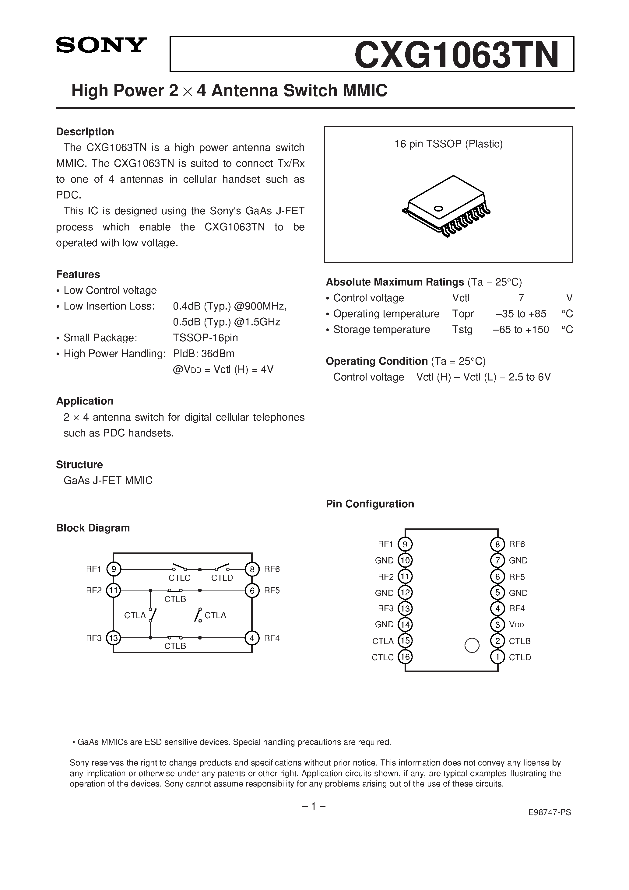 Datasheet CXG1063TN page 1 Datasheet CXG1063TN - High Power 2 4 Antenna Switch MMIC page 1