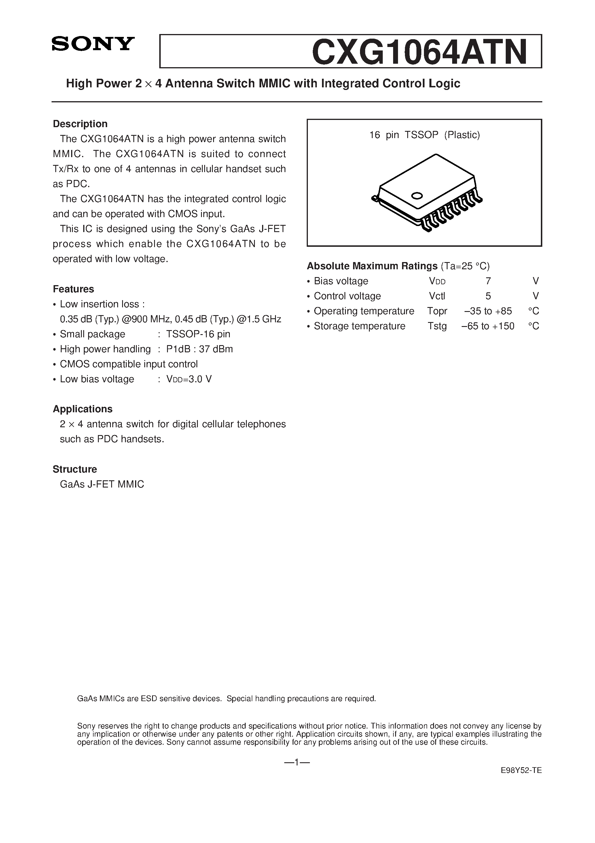 Datasheet CXG1064ATN - High Power 2 4 Antenna Switch MMIC with Integrated Control Logic page 1