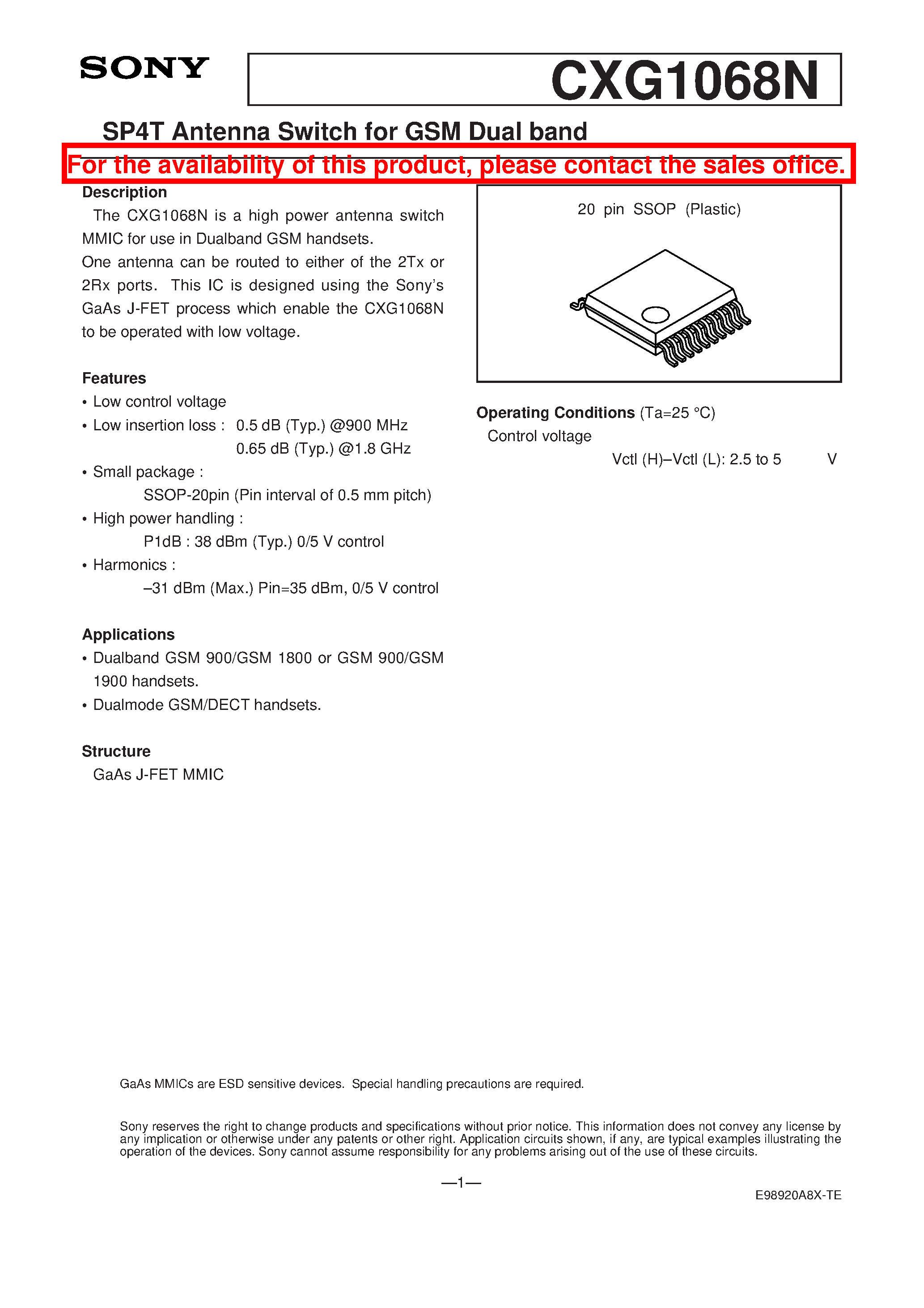 Даташит CXG1068N - SP4T Antenna Switch for GSM Dual band страница 1