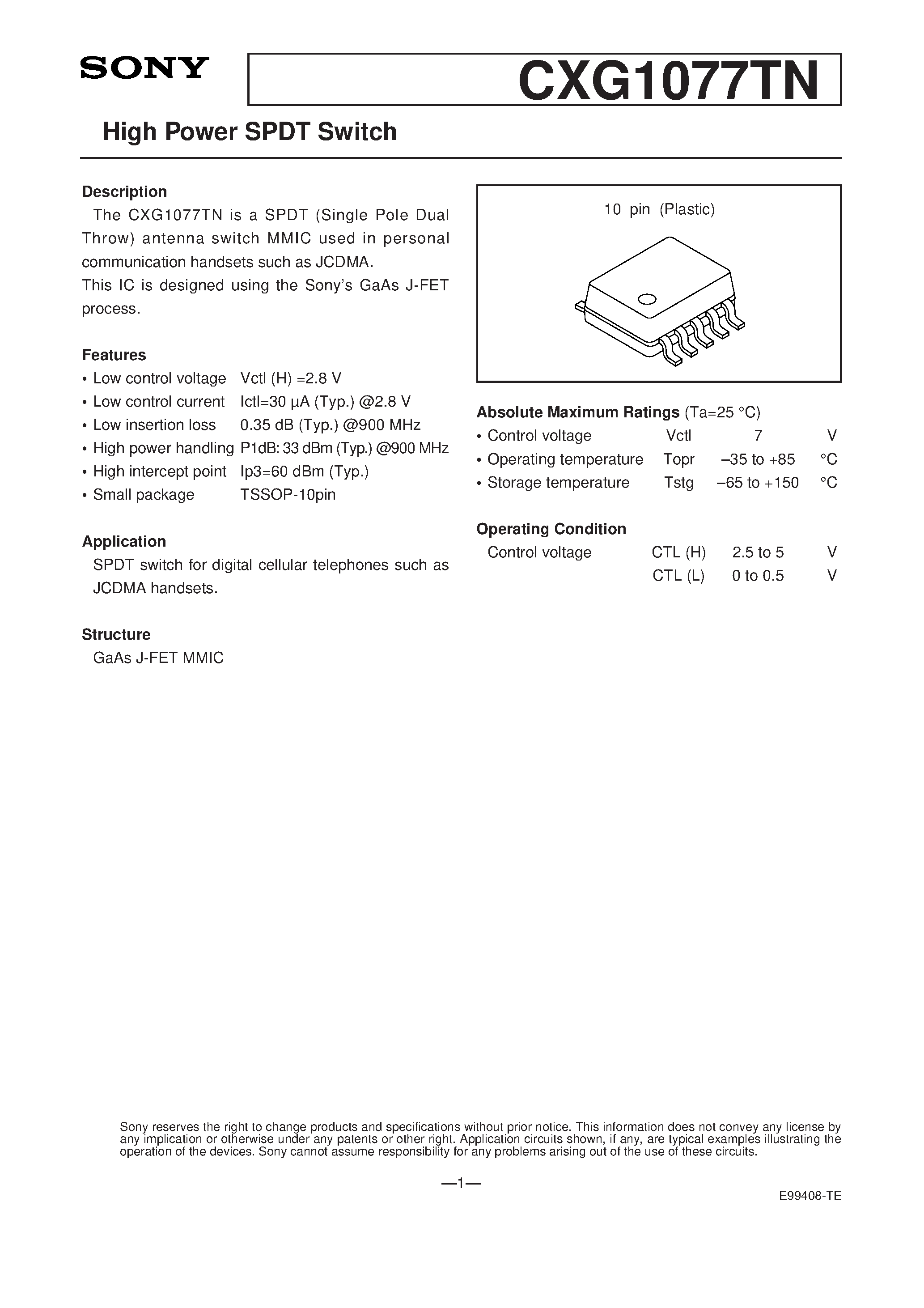 Даташит на микросхему CXG1077TN страница 1 Даташит CXG1077TN - SP4T Antenna Switch for GSM Dual band страница 1