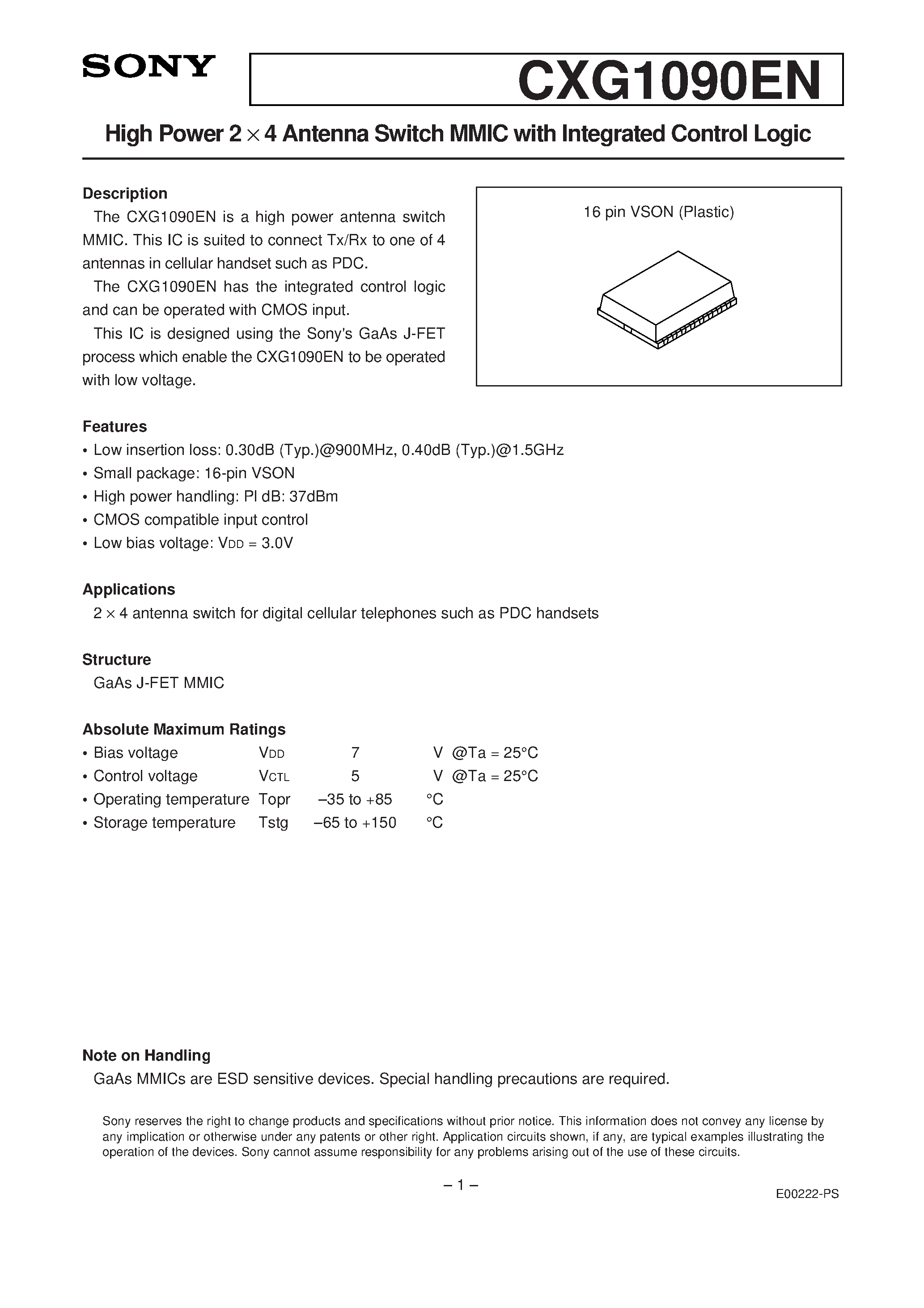 Datasheet CXG1090EN - High Power 2 4 Antenna Switch MMIC with Integrated Control Logic page 1