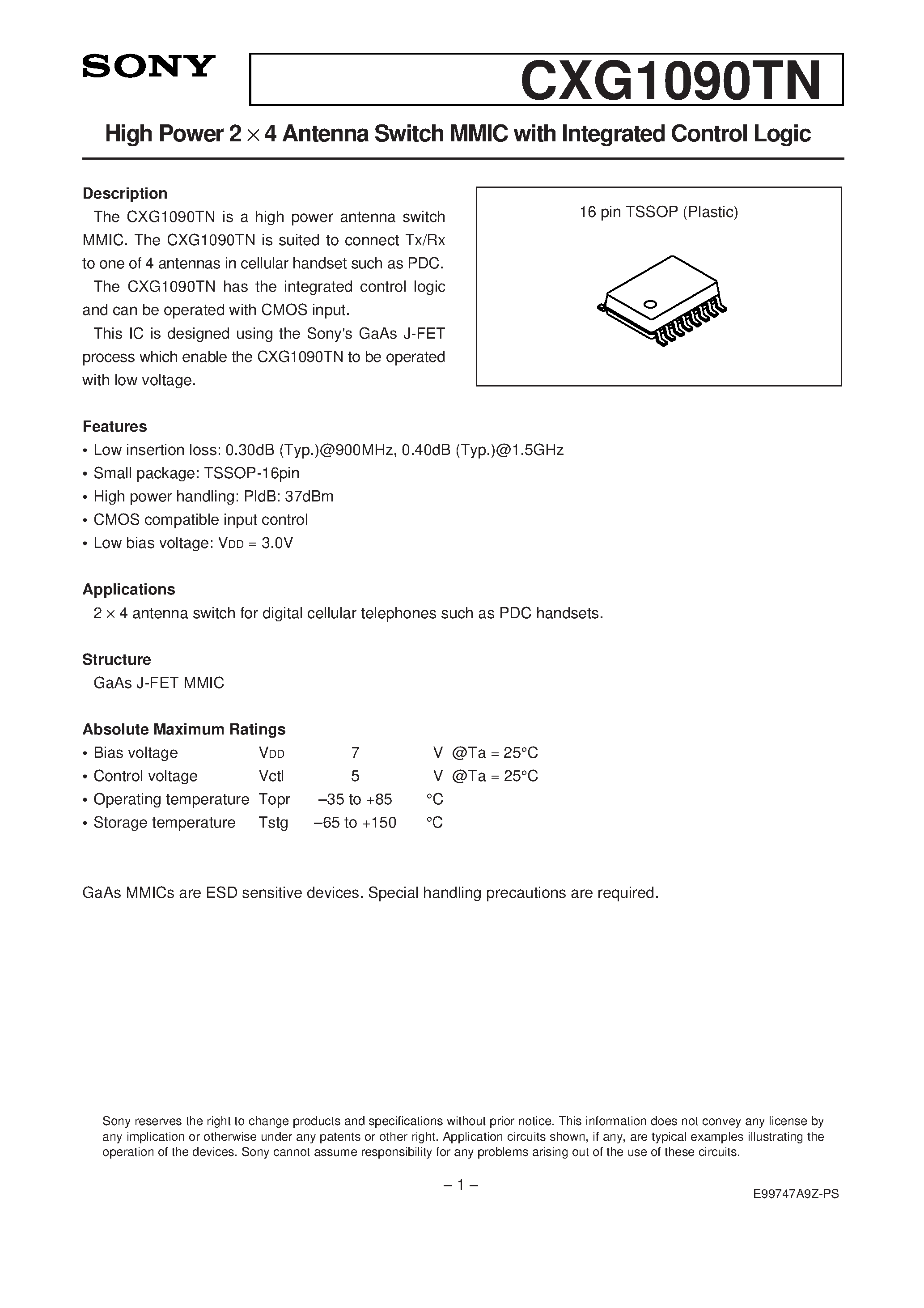Datasheet CXG1090TN - High Power 2 x 4 Antenna Switch MMIC with Integrated Control Logic page 1