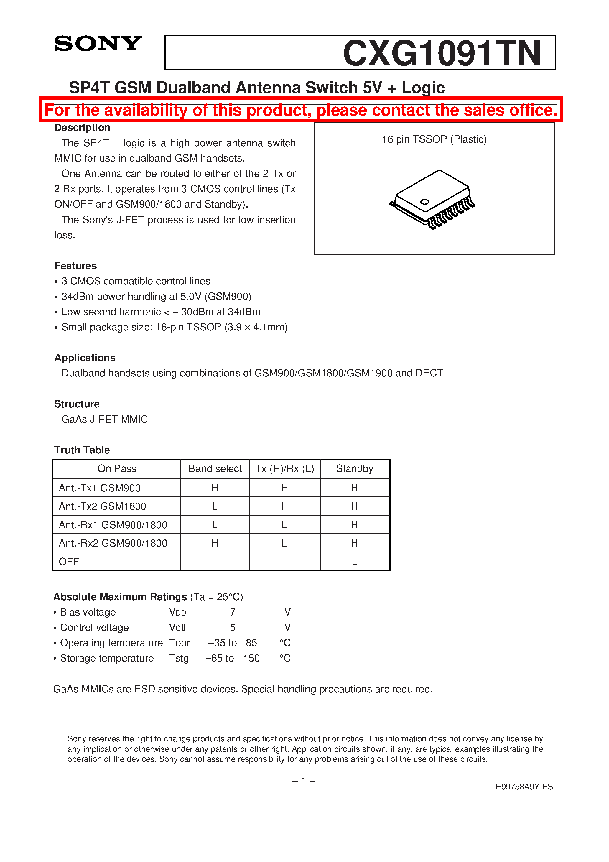 Даташит CXG1091TN - SP4T GSM Dualband Antenna Switch 5V + Logic страница 1