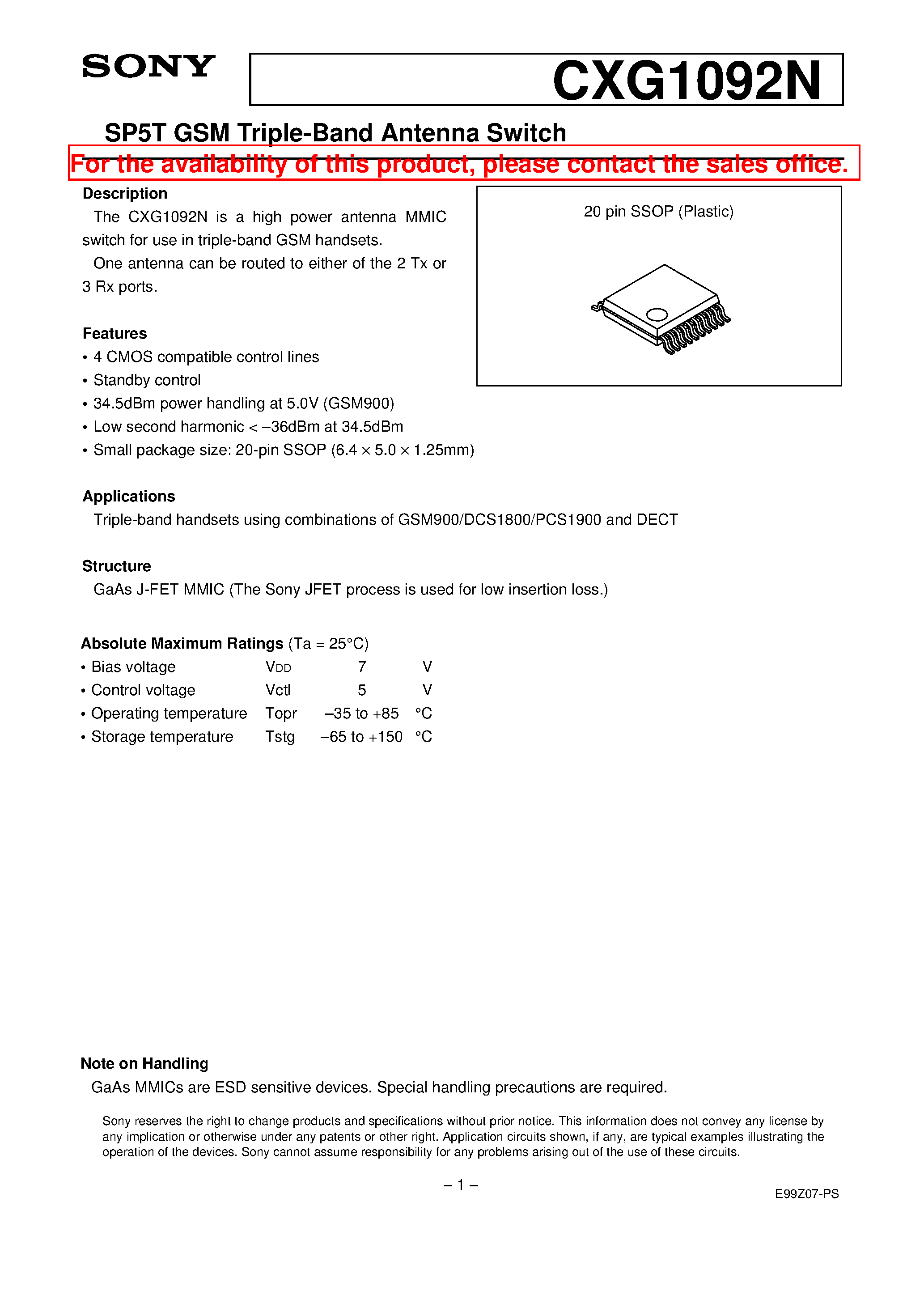 Даташит CXG1092N - SP5T GSM Triple-Band Antenna Switch страница 1