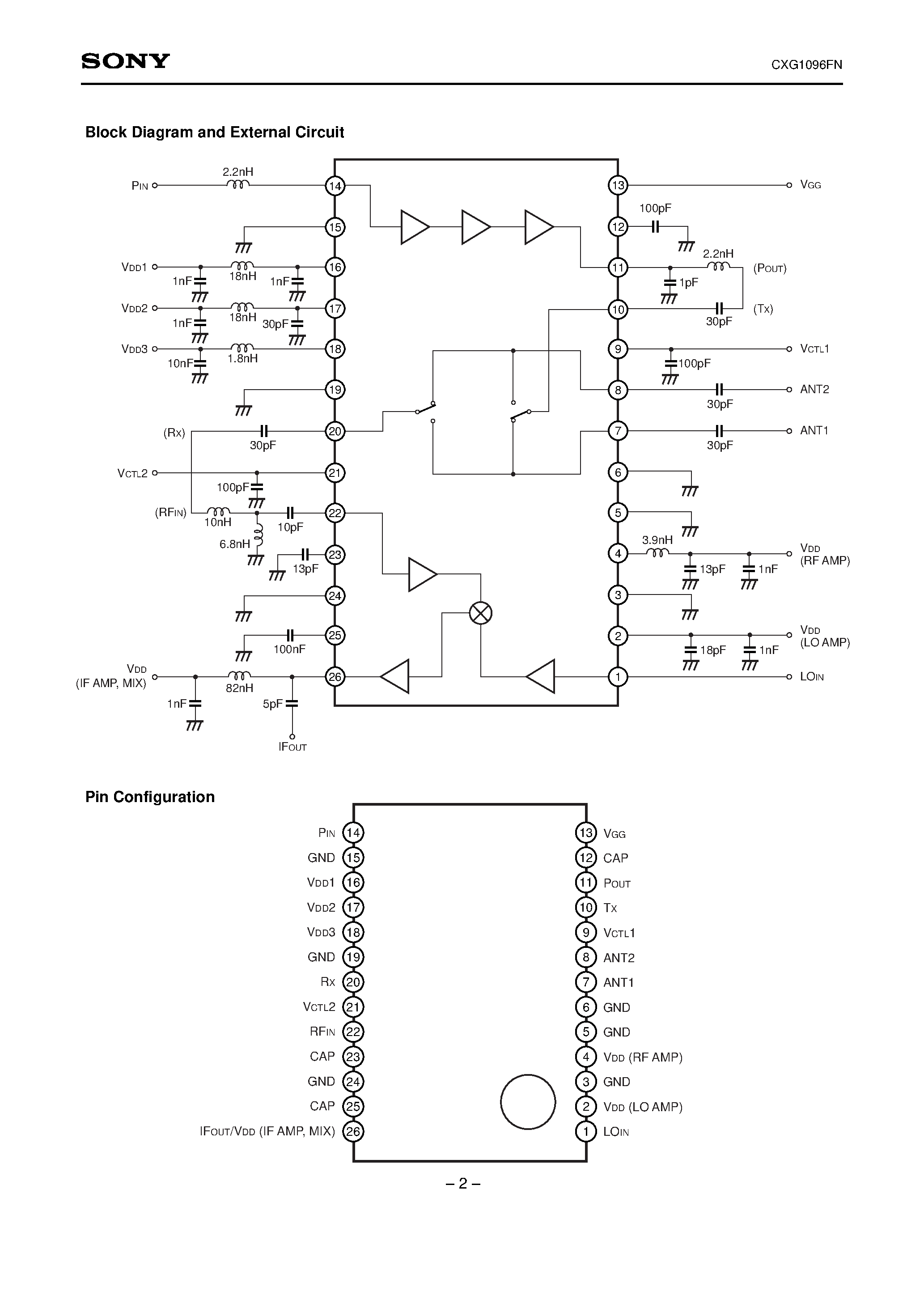 Даташит CXG1096FN - Power Amplifier/Antenna Switch + Low Noise Down Conversion Mixer for PHS страница 2
