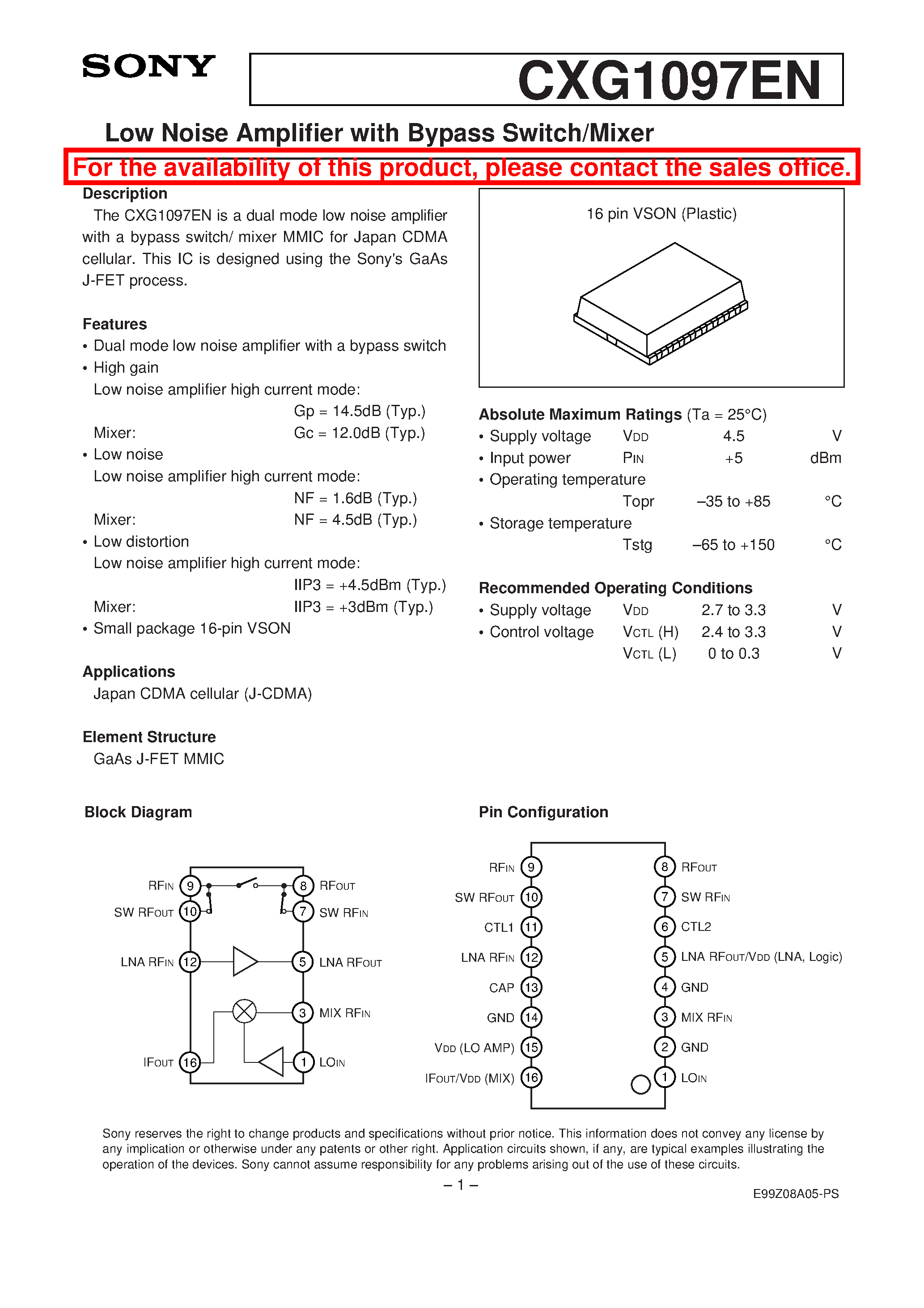 Даташит CXG1097EN - Low Noise Amplifier with Bypass Switch/Mixer страница 1