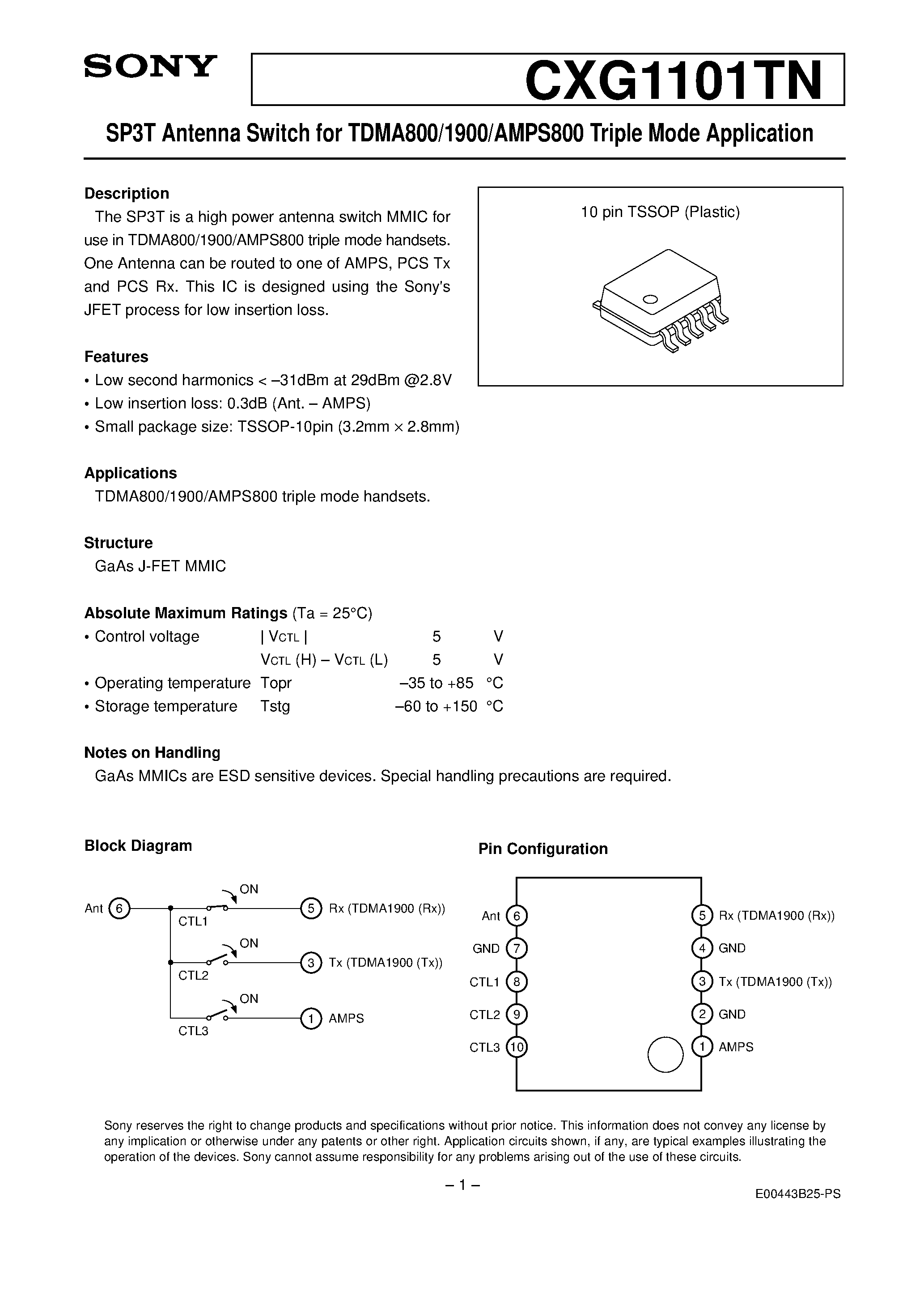 Даташит на микросхему CXG1101TN страница 1 Даташит CXG1101TN - SP3T Antenna Switch for TDMA800/1900/AMPS800 Triple Mode Application страница 1