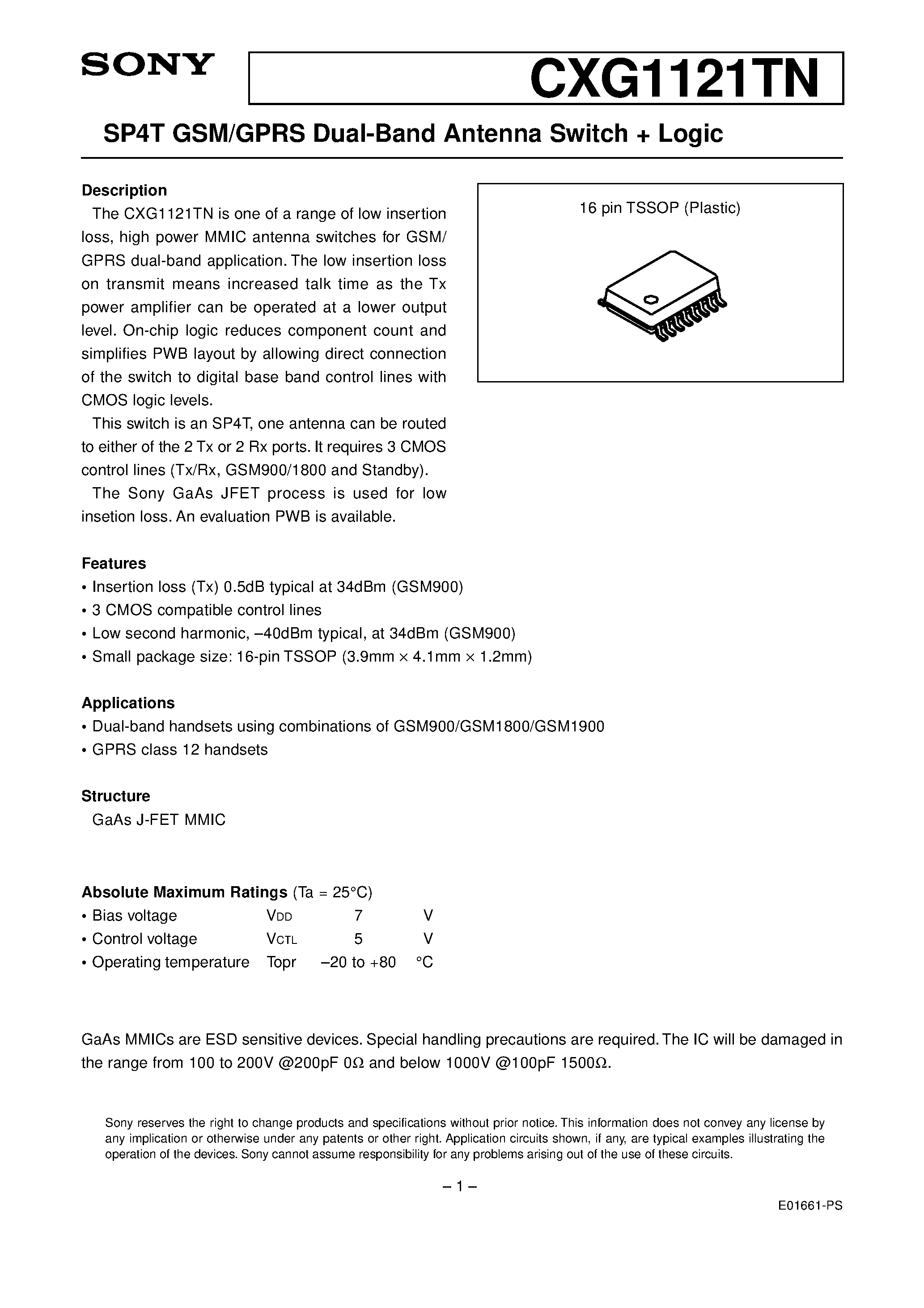 Даташит на микросхему CXG1121TN страница 1 Даташит CXG1121TN - SP4T GSM/GPRS Dual-Band Antenna Switch + Logic страница 1