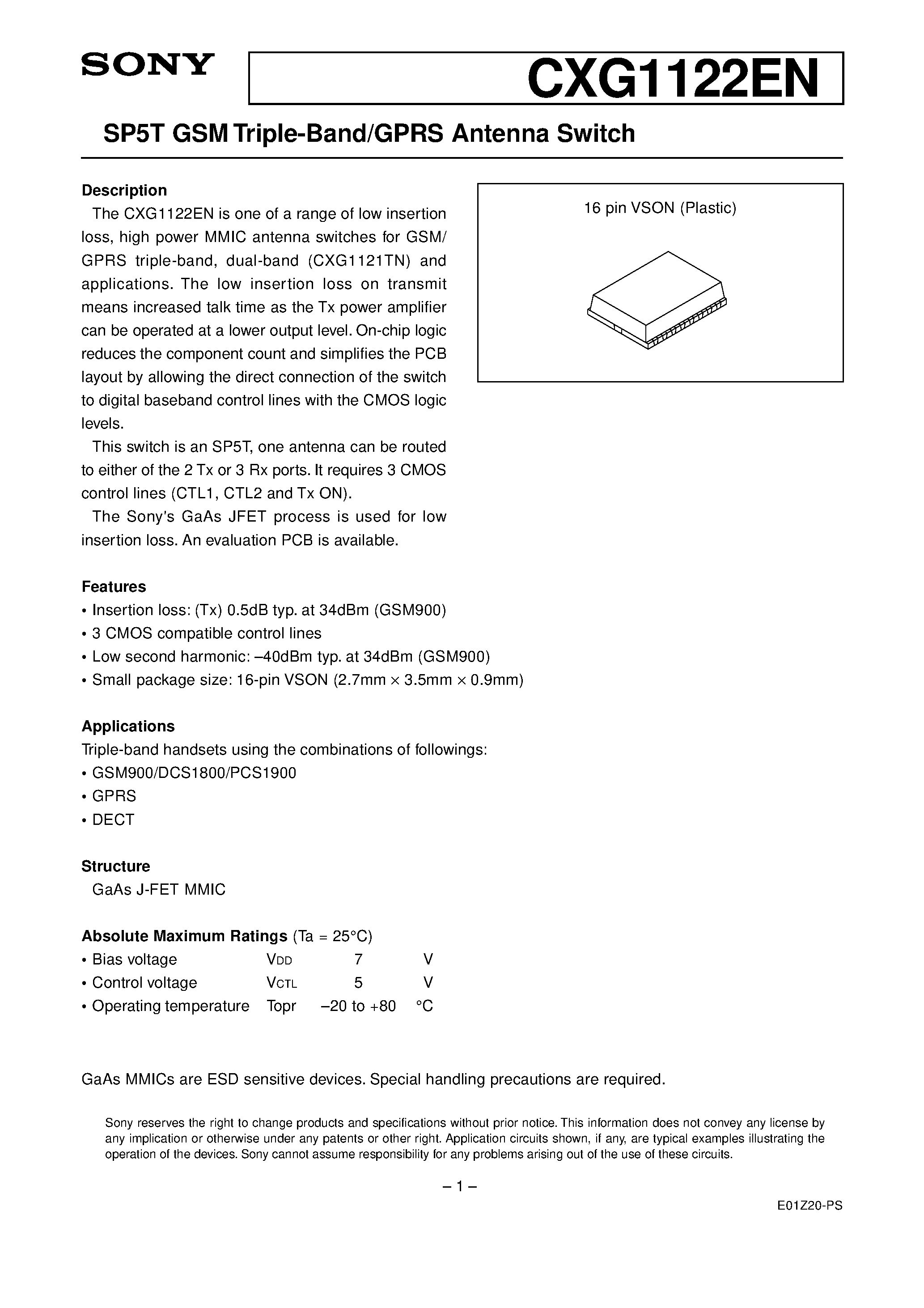 Даташит на микросхему CXG1122EN страница 1 Даташит CXG1122EN - SP5T GSM Triple-Band/GPRS Antenna Switch страница 1