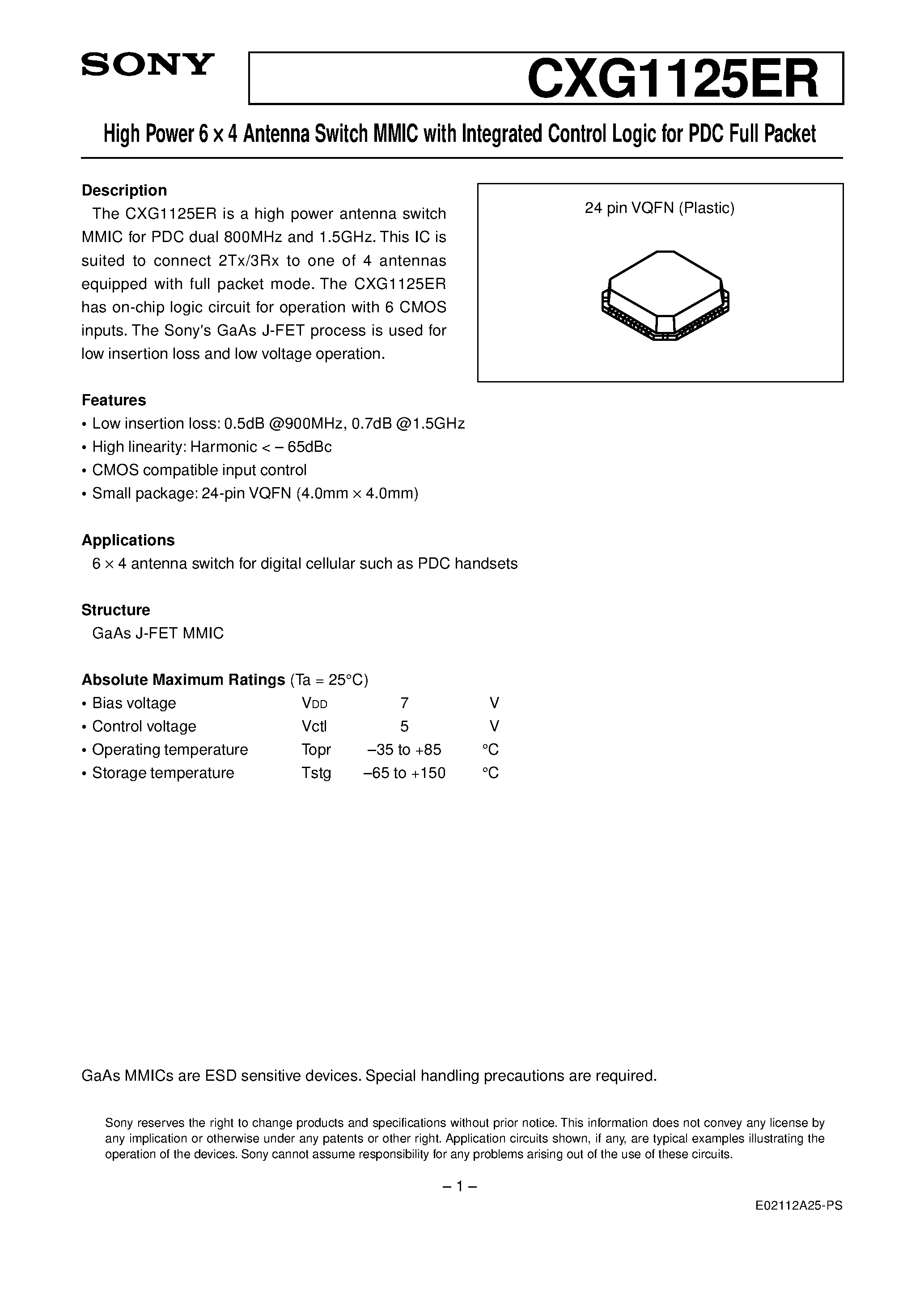 Datasheet CXG1125ER - High Power 6 4 Antenna Switch MMIC with Integrated Control Logic for PDC Full Packet page 1