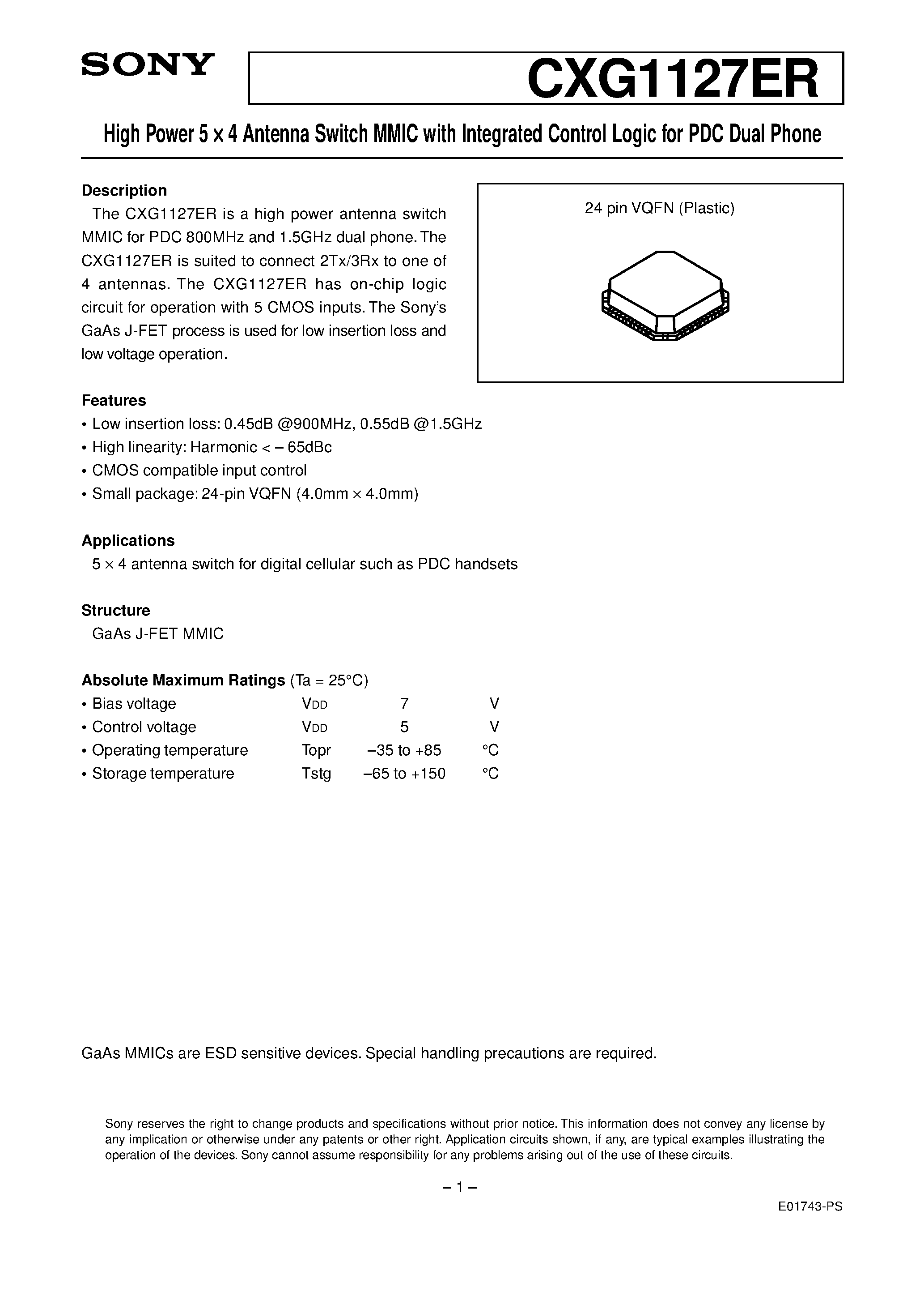 Datasheet CXG1127ER - High Power 5 4 Antenna Switch MMIC with Integrated Control Logic for PDC Dual Phone page 1