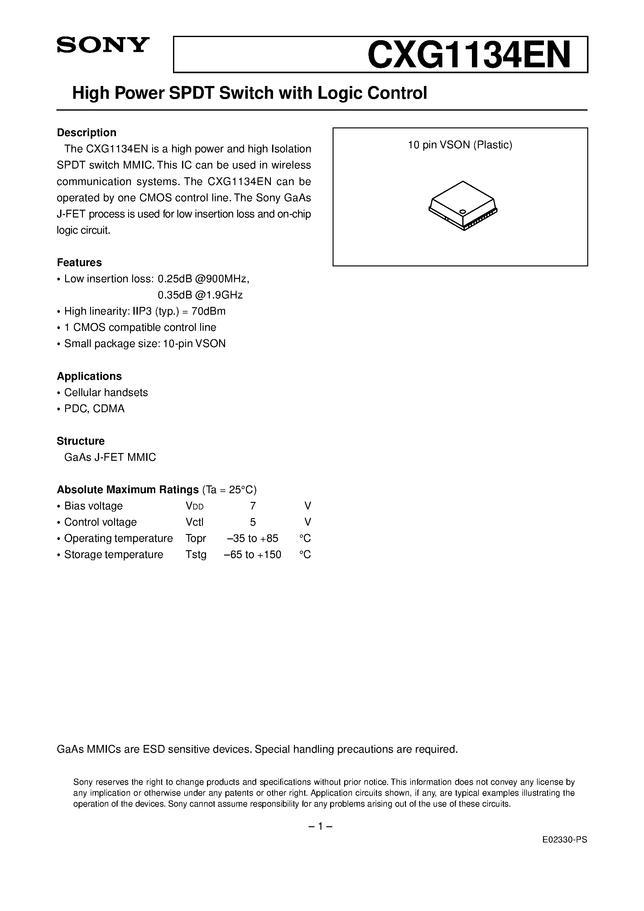 Даташит на микросхему CXG1134EN страница 1 Даташит CXG1134EN - High Power SPDT Switch with Logic Control страница 1