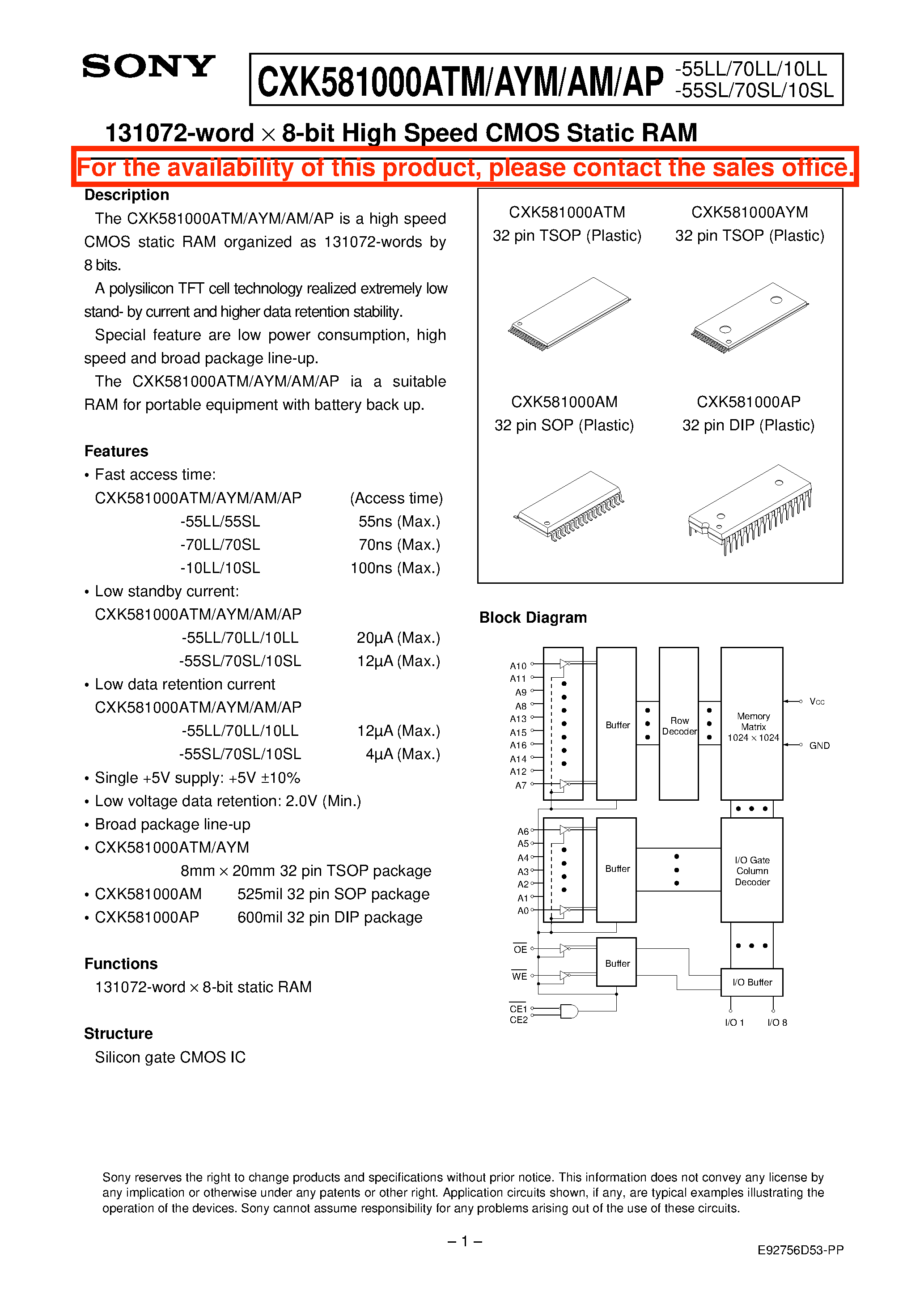 Datasheet CXK581000AM-10SL - 131072-word x 8-bit High Speed CMOS Static RAM page 1