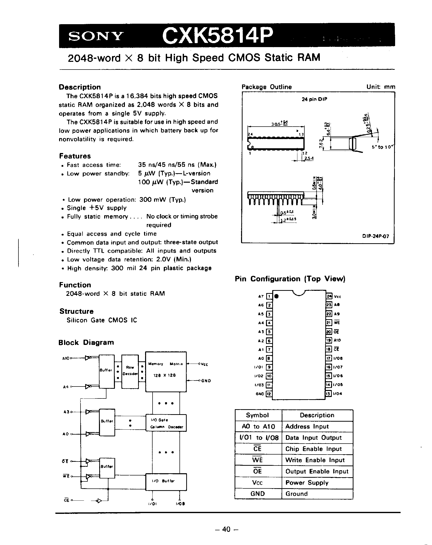 Datasheet CXK5814P-35L - 2048-WORD X 8 BIT HIGH SPEED CMOS STATIC RAM page 1