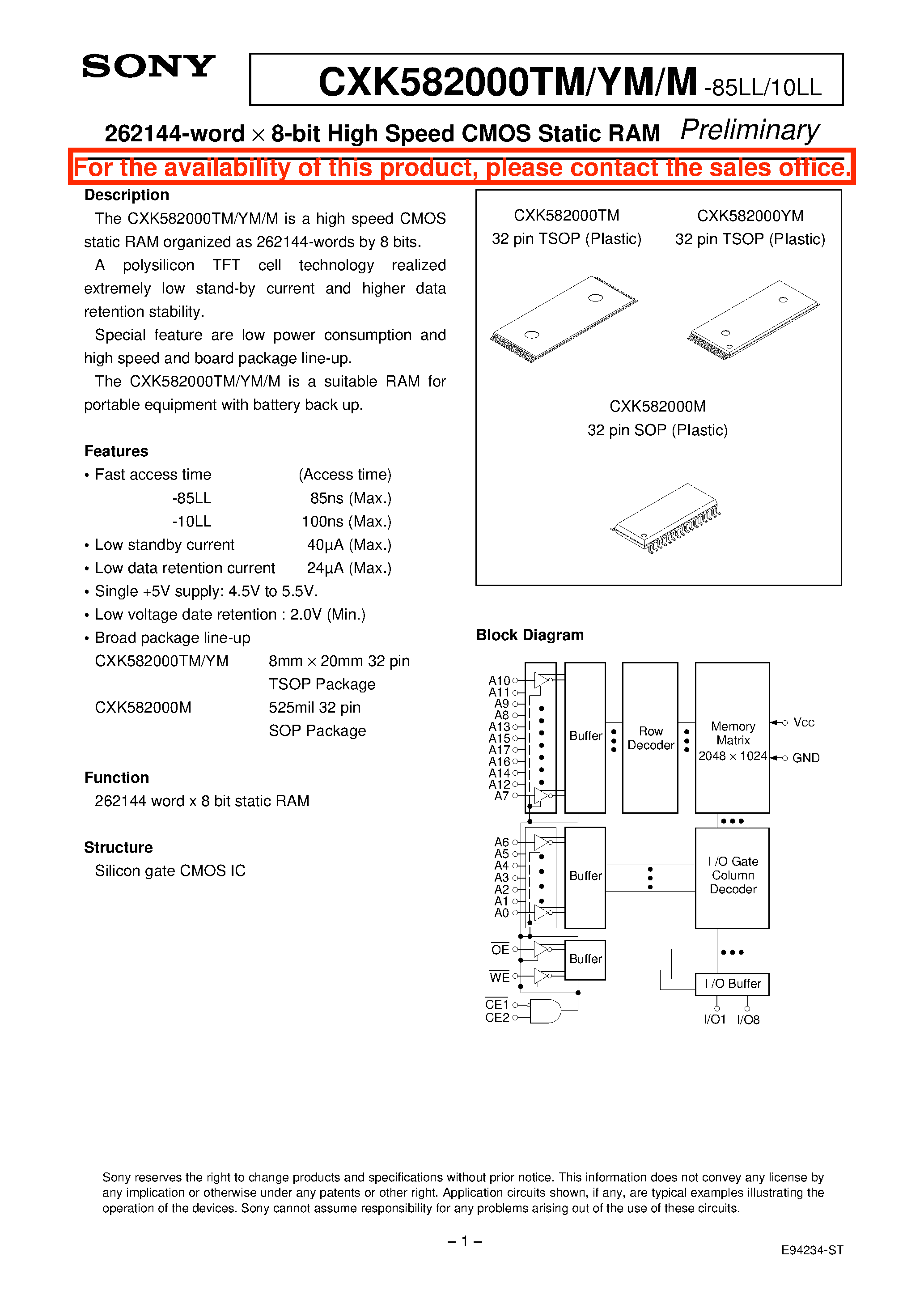 Datasheet CXK582000YM-85LL - 262144-word X 8-bit High Speed CMOS Static RAM page 1