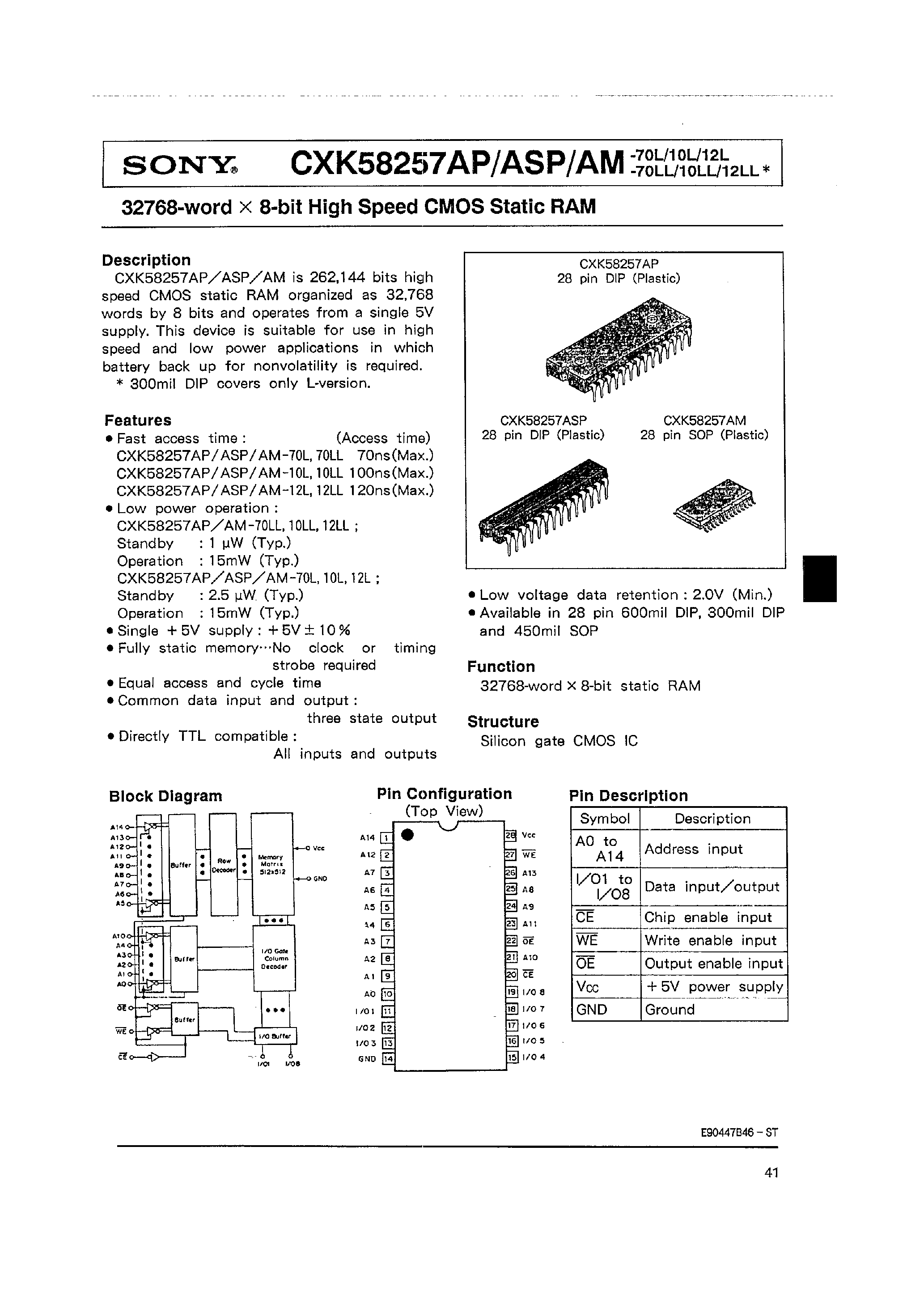 Datasheet CXK58257ASP - 32768-WORD X 8-BIT HIGH SPEED CMOS STATIC RAM page 1