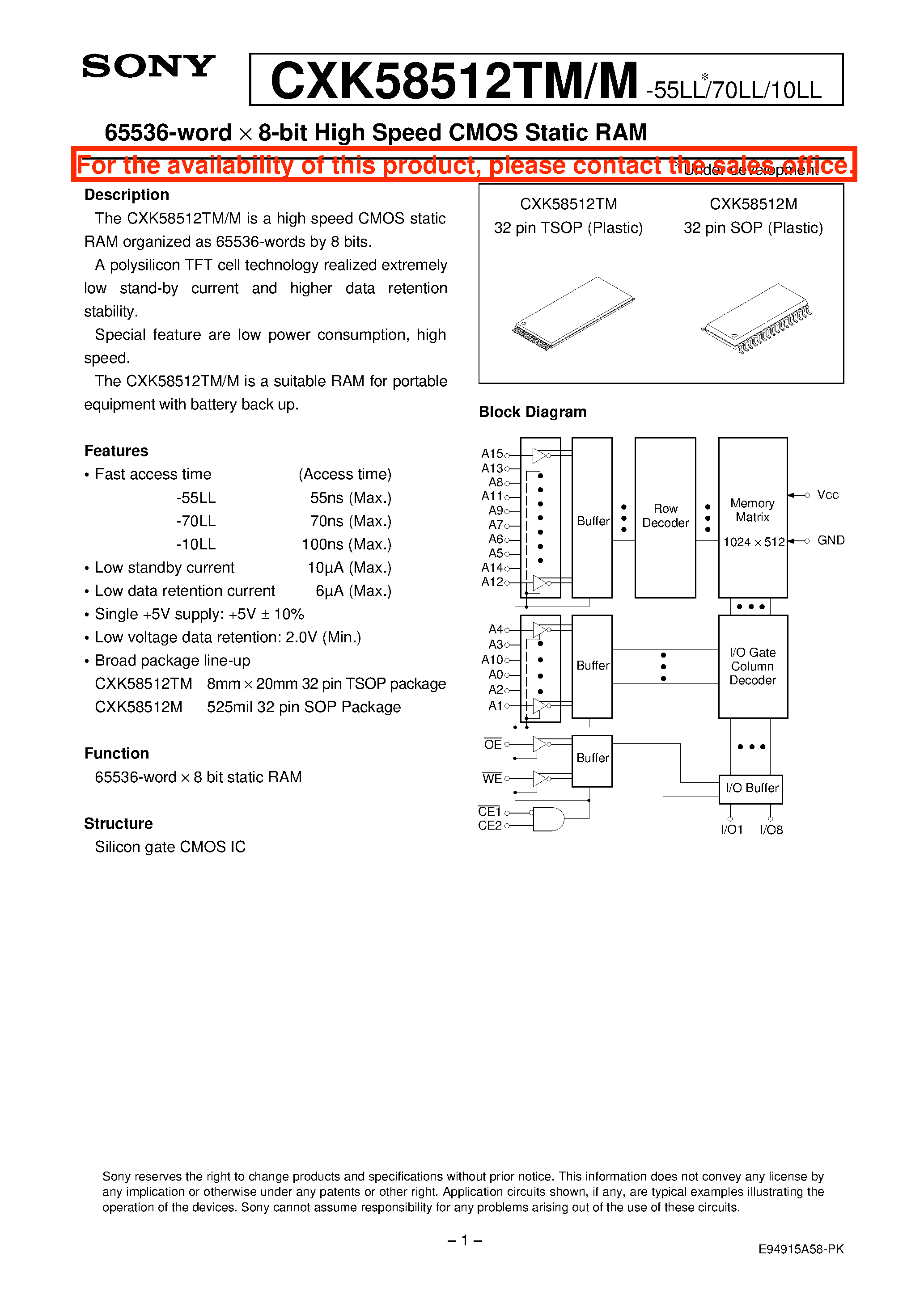 Datasheet CXK58512TM-70LL - 65536-word X 8-bit High Speed CMOS Static RAM page 1