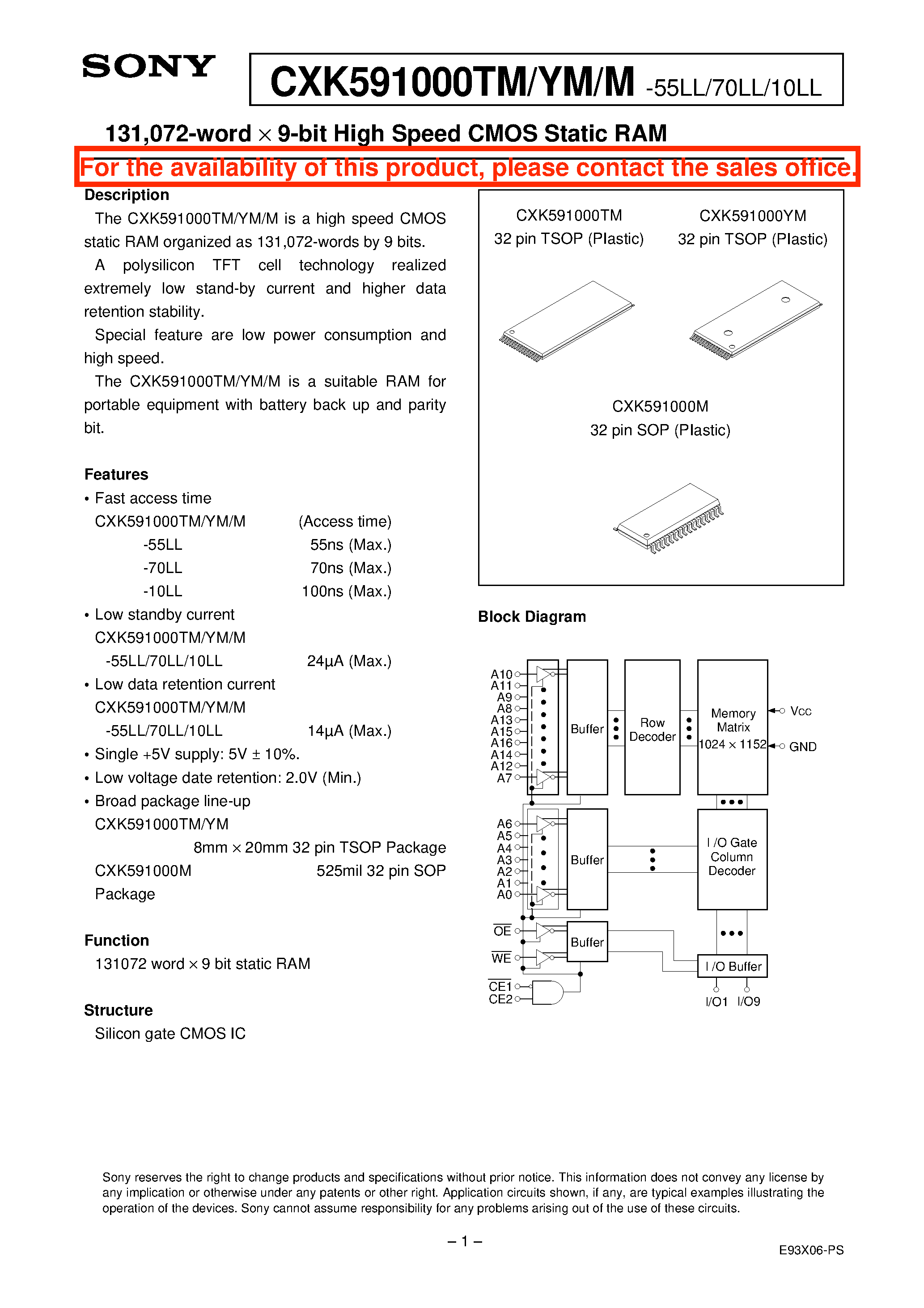Даташит CXK591000YM-55LL - 131/072-word X 9-bit High Speed CMOS Static RAM страница 1