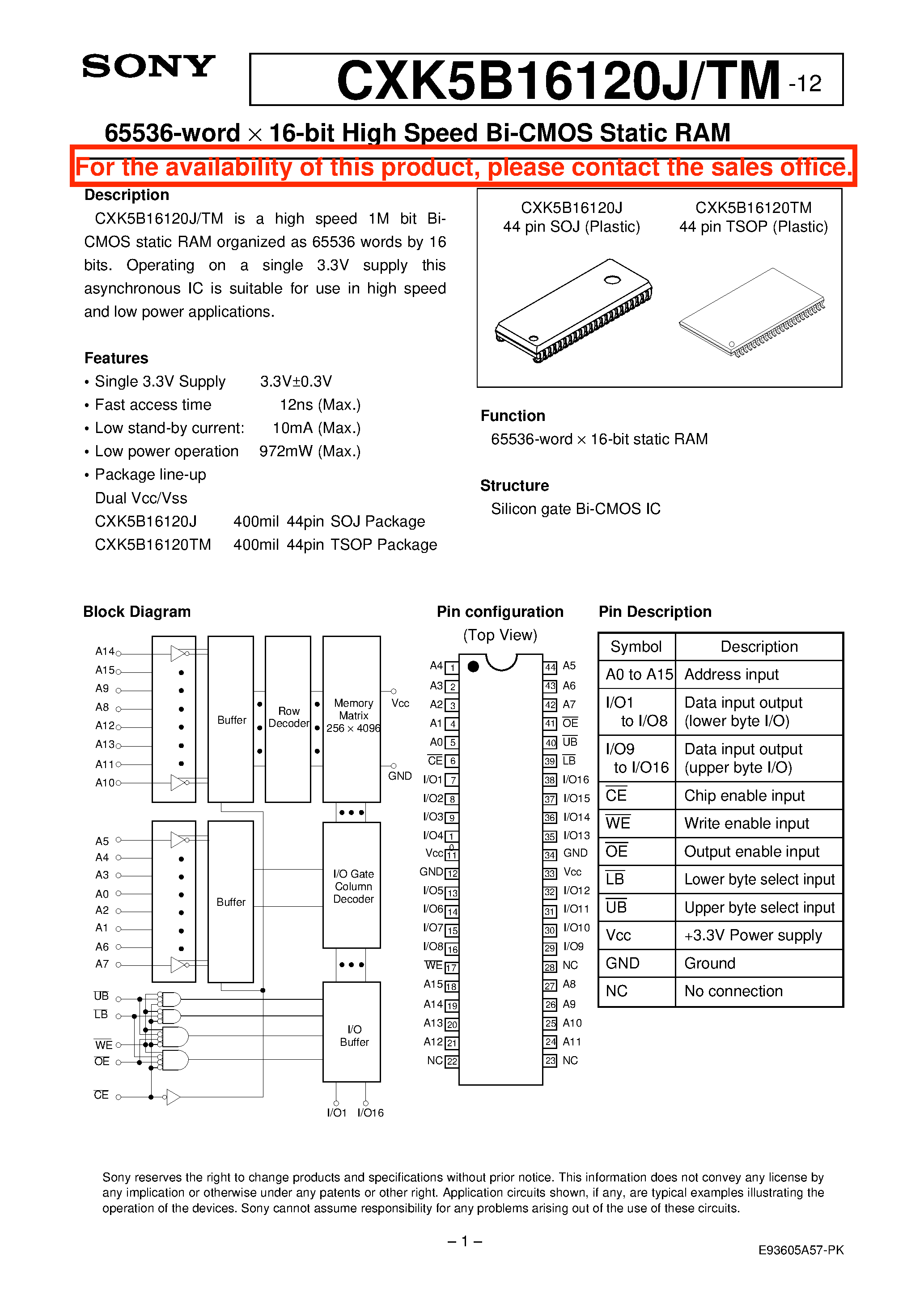 Datasheet CXK5B16120J-12 - 65536-word X 16-bit High Speed Bi-CMOS Static RAM page 1