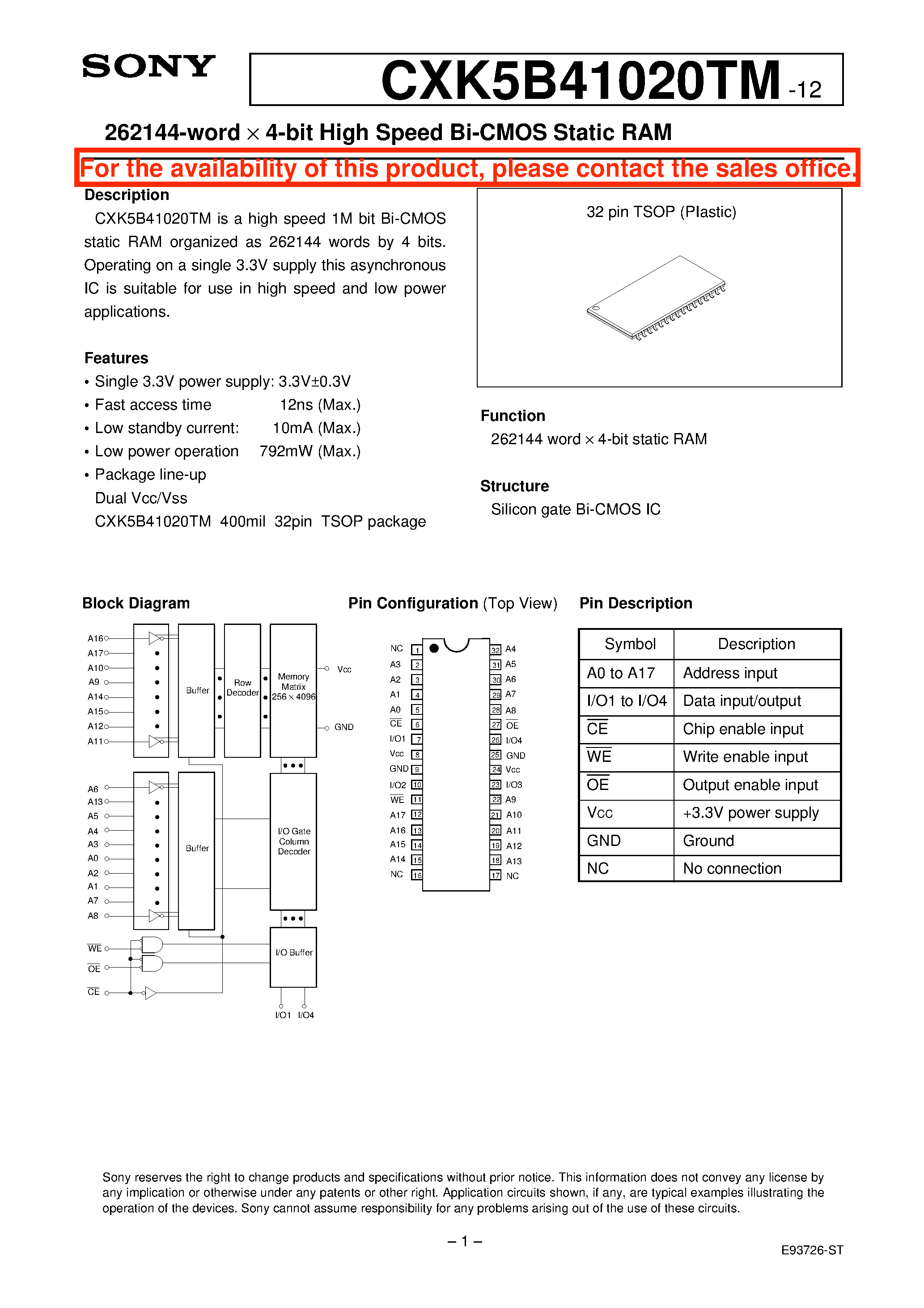 Datasheet CXK5B41020TM- - 262144-word x 4-bit High Speed Bi-CMOS Static RAM page 1