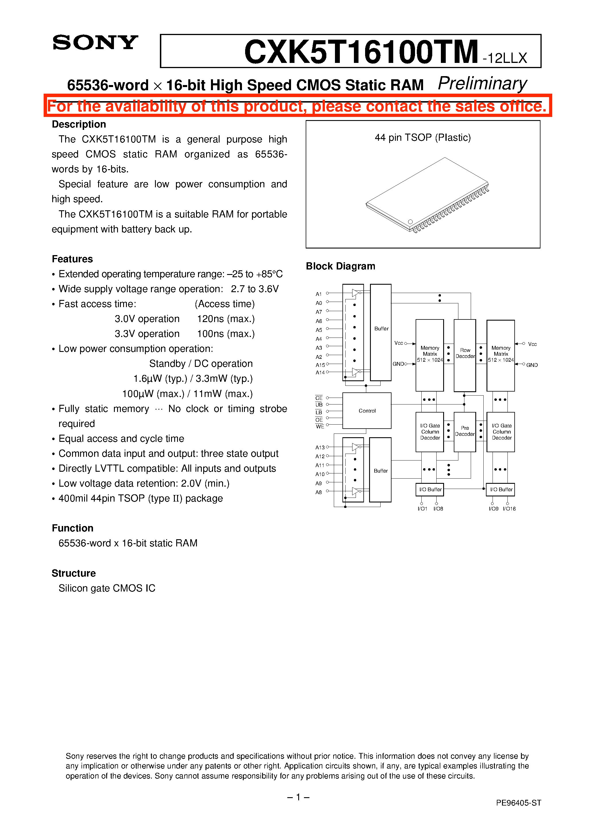Datasheet CXK5T16100TM- page 1 Datasheet CXK5T16100TM- - 65536-word x 16-bit High Speed CMOS Static RAM page 1