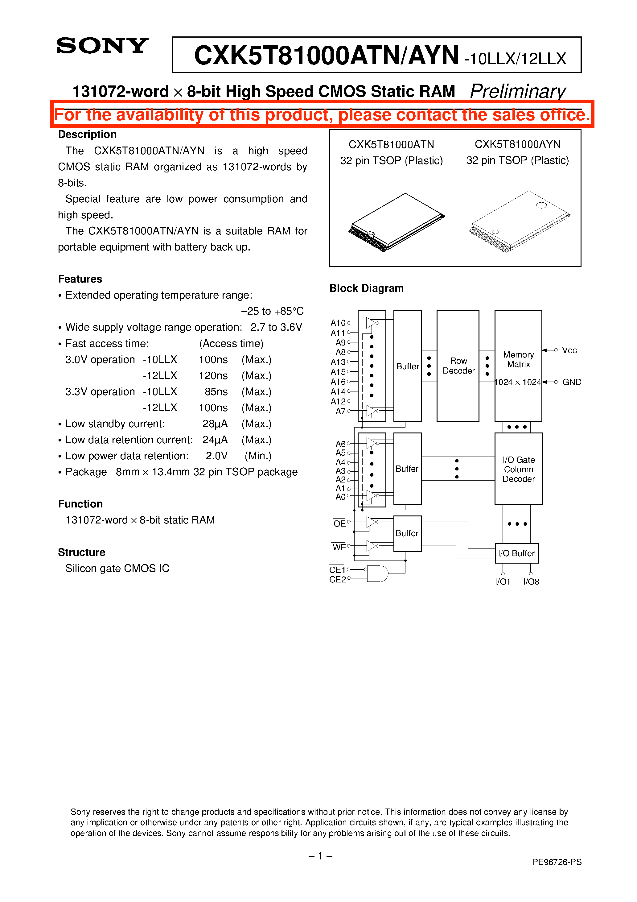 Datasheet CXK5T81000ATN-12LLX page 1 Datasheet CXK5T81000ATN-12LLX - 131072-word X 8-bit High Speed CMOS Static RAM page 1