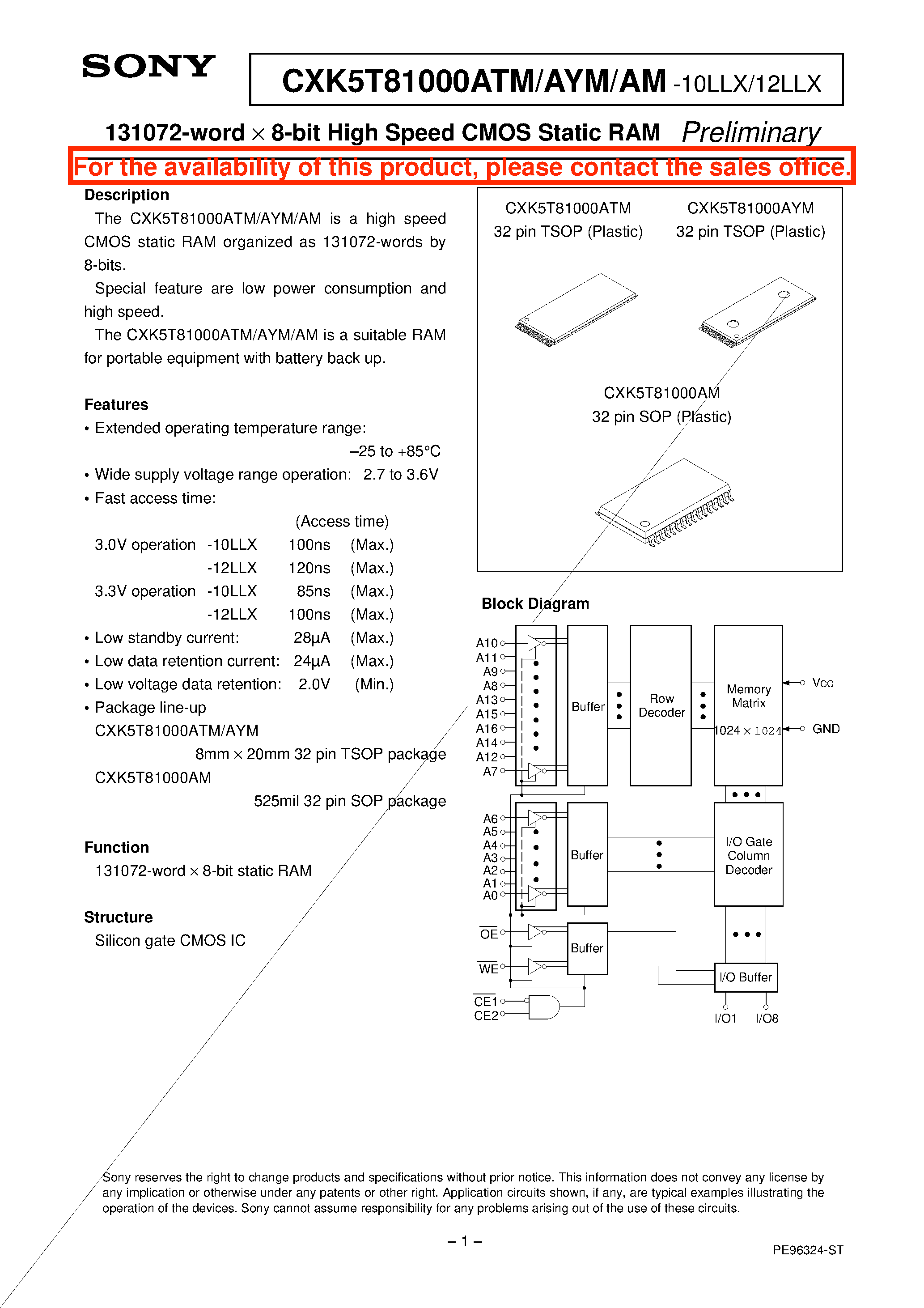 Datasheet CXK5T81000AYM page 1 Datasheet CXK5T81000AYM - 131072-word x 8-bit High Speed CMOS Static RAM page 1