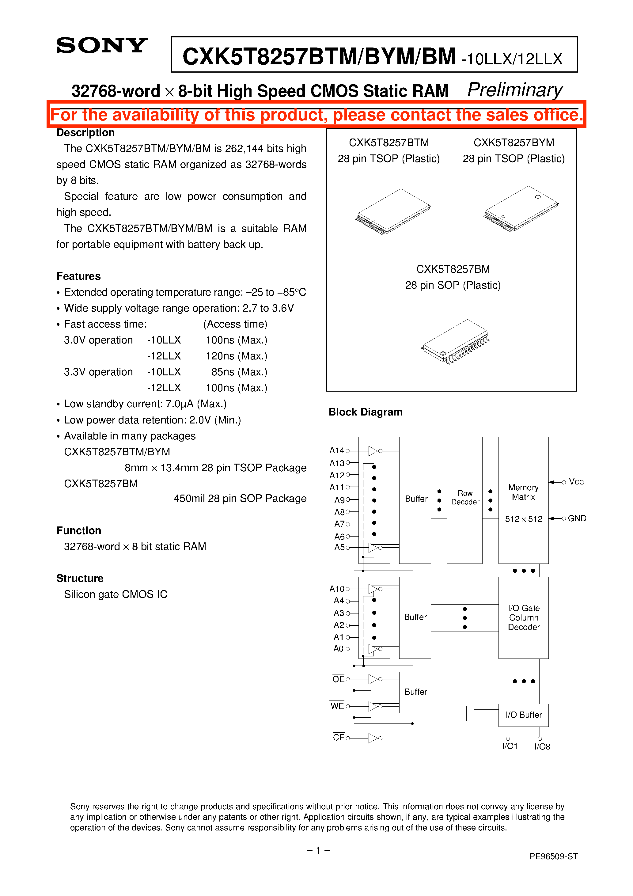Datasheet CXK5T8257BM-12LLX - 32768-word X 8-bit High Speed CMOS Static RAM page 1