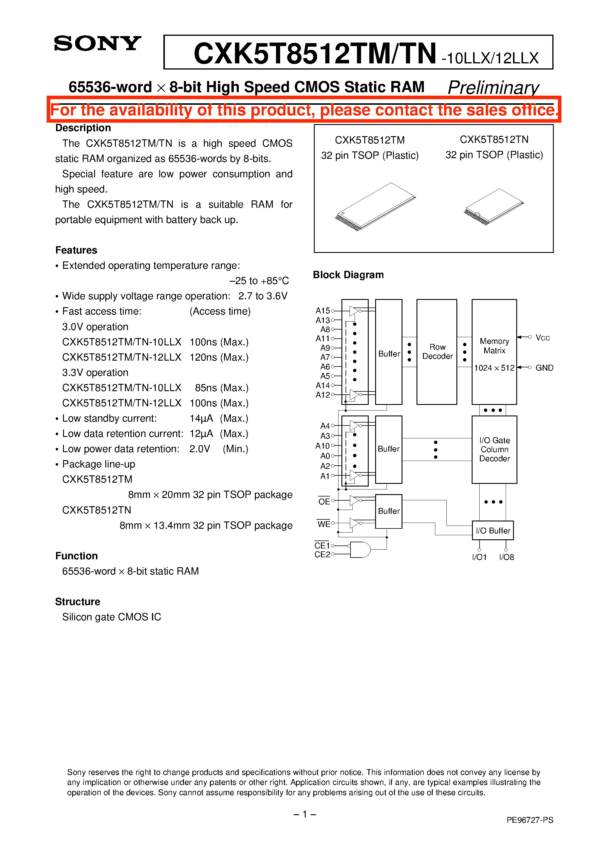 Datasheet CXK5T8512TN - 65536-word X 8-bit High Speed CMOS Static RAM page 1