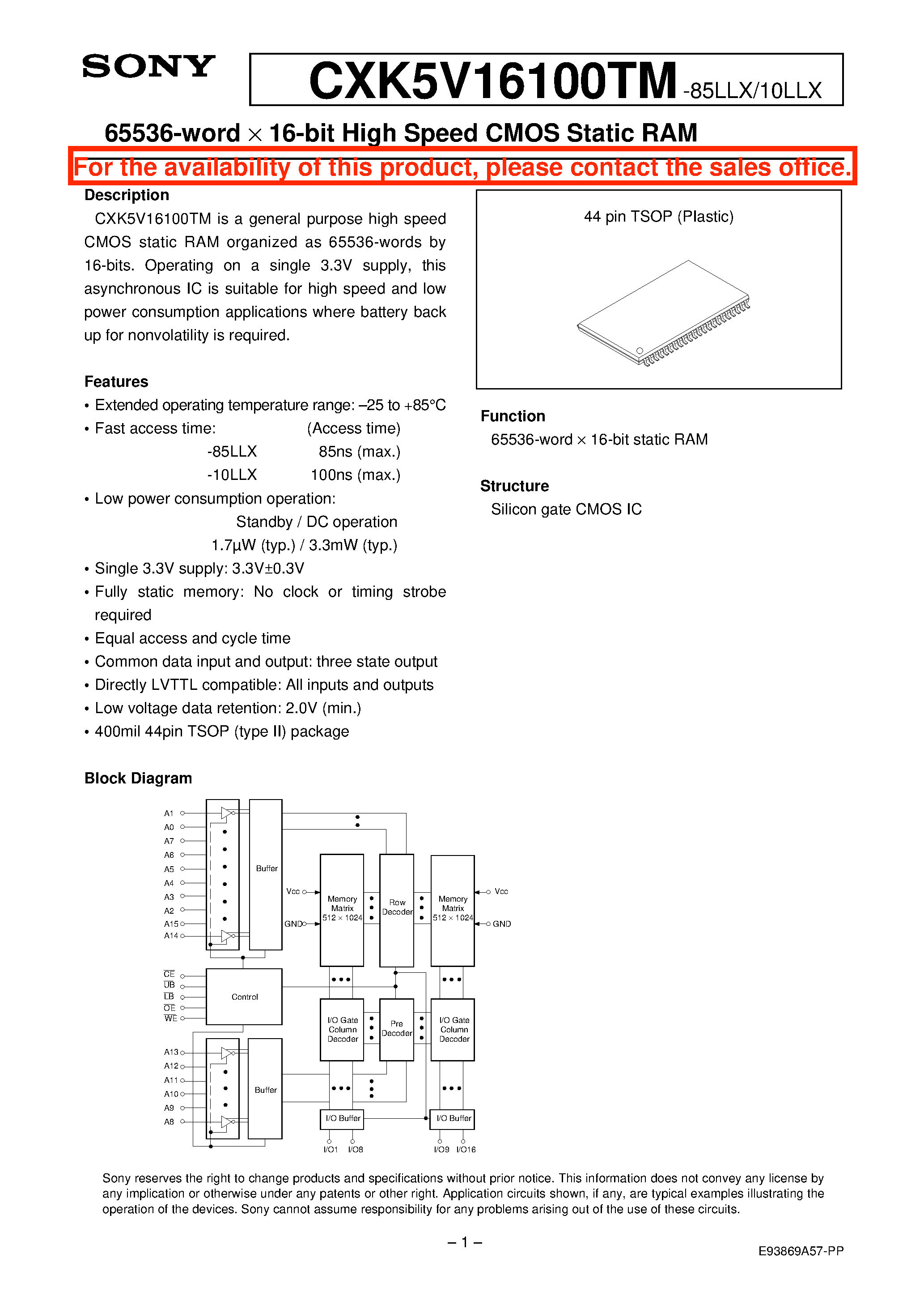 Datasheet CXK5V16100TM - 65536-word X 16-bit High Speed CMOS Static RAM page 1