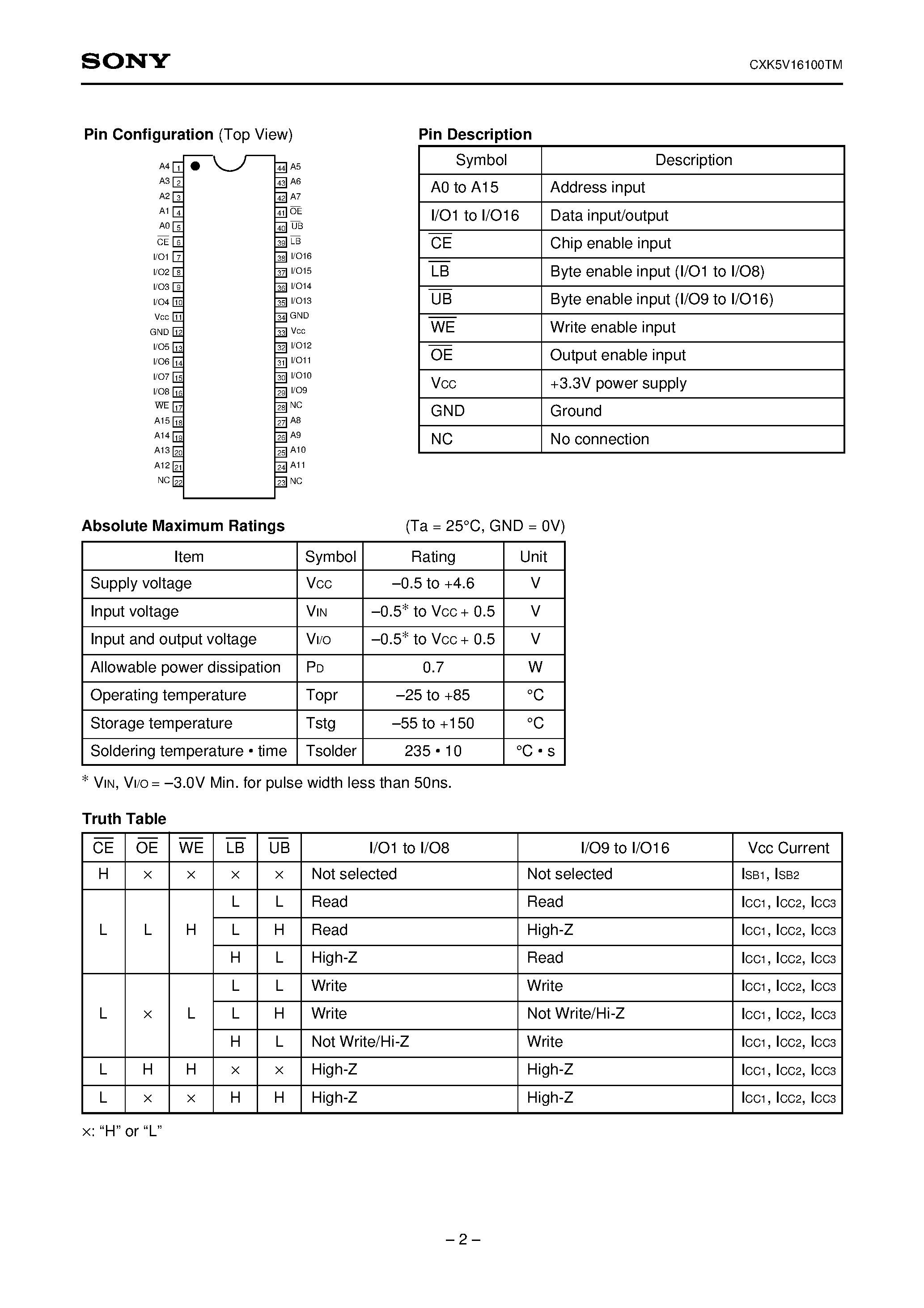 Datasheet CXK5V16100TM-10LLX - 65536-word X 16-bit High Speed CMOS Static RAM page 2