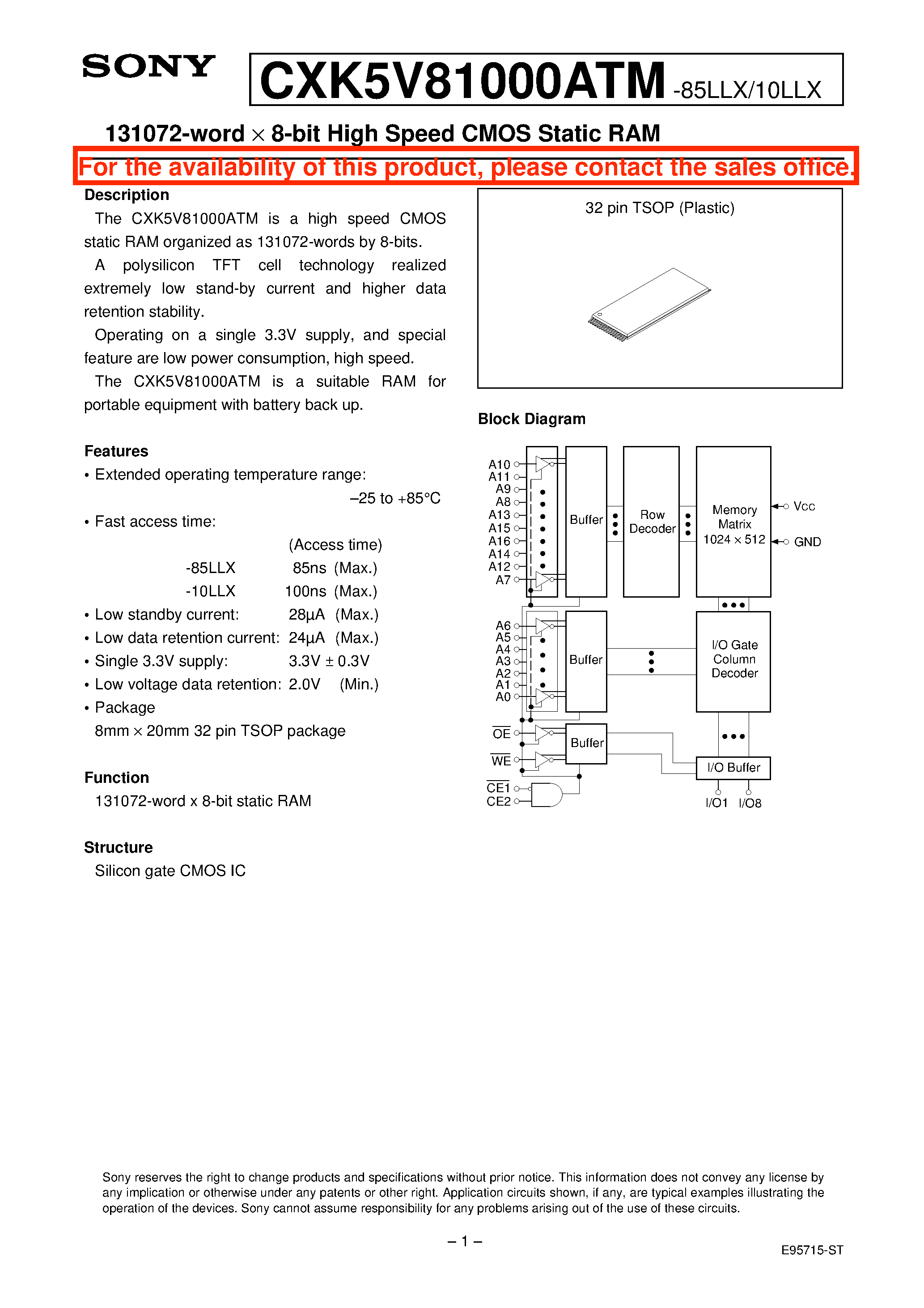Datasheet CXK5V81000ATM - 131072-word X 8-bit High Speed CMOS Static RAM page 1