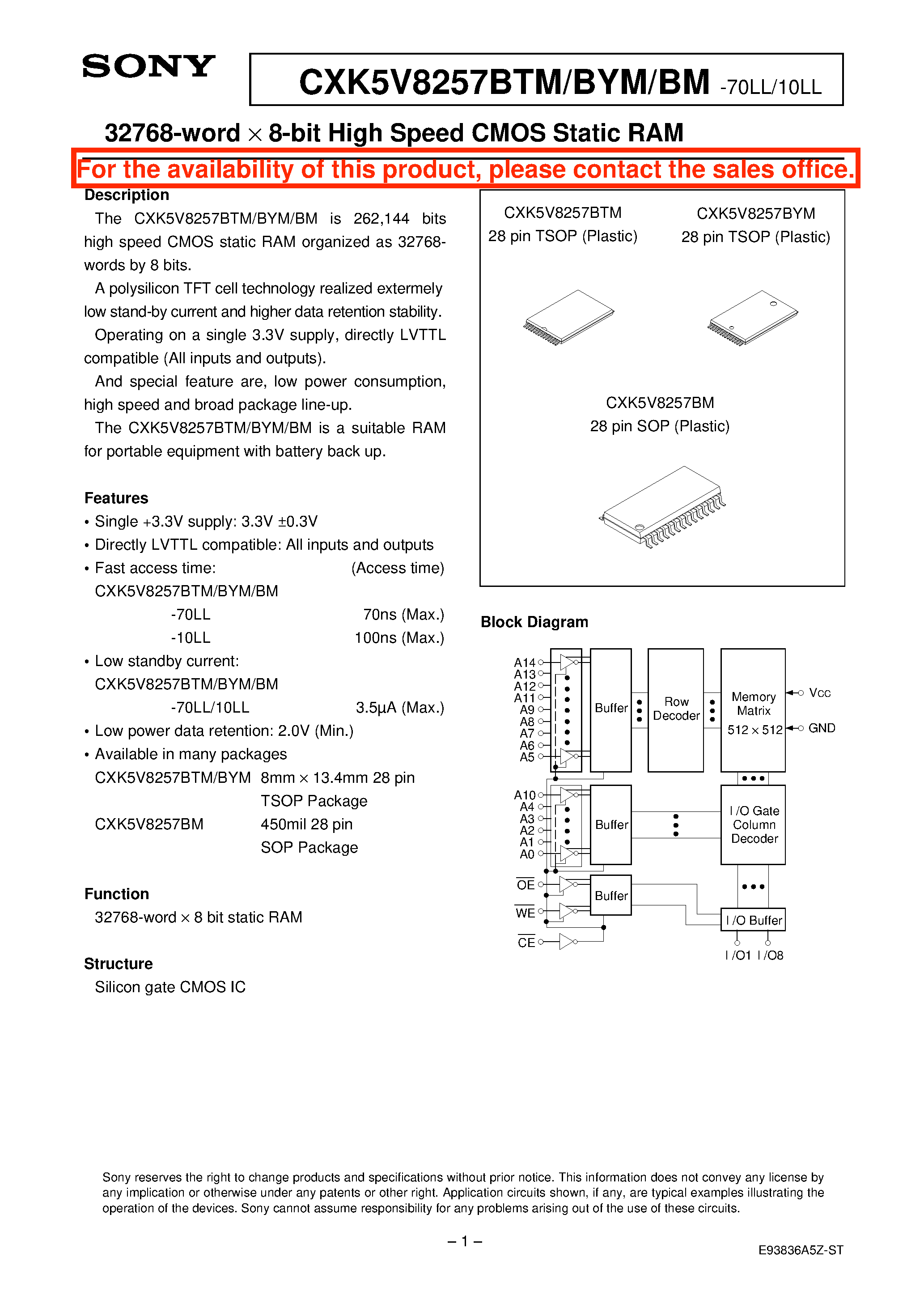 Datasheet CXK5V8257BYM-10LL - 32768-word X 8-bit High Speed CMOS Static RAM page 1