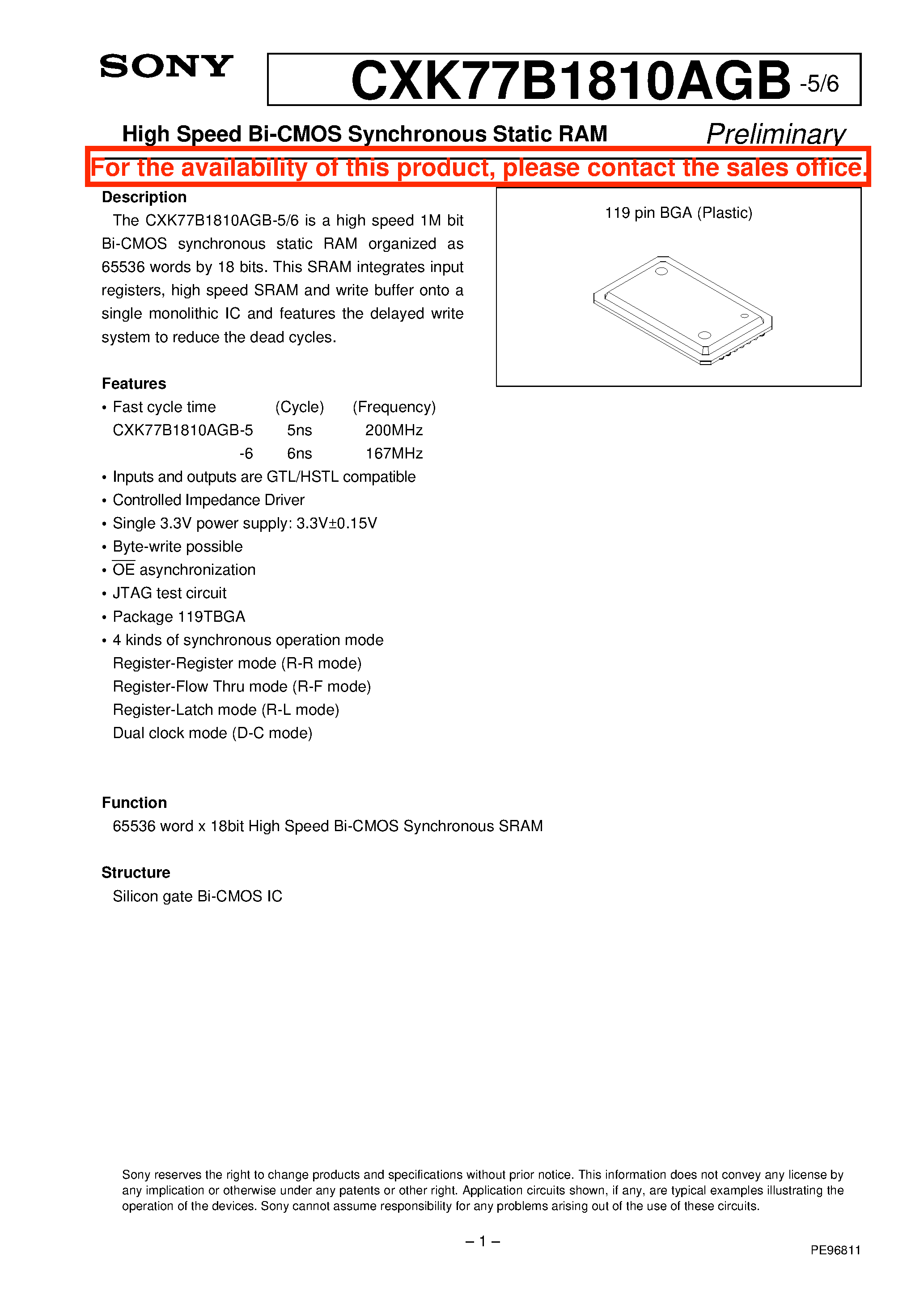 Даташит на микросхему CXK77B1810AGB страница 1 Даташит CXK77B1810AGB - High Speed Bi-CMOS Synchronous Static RAM страница 1