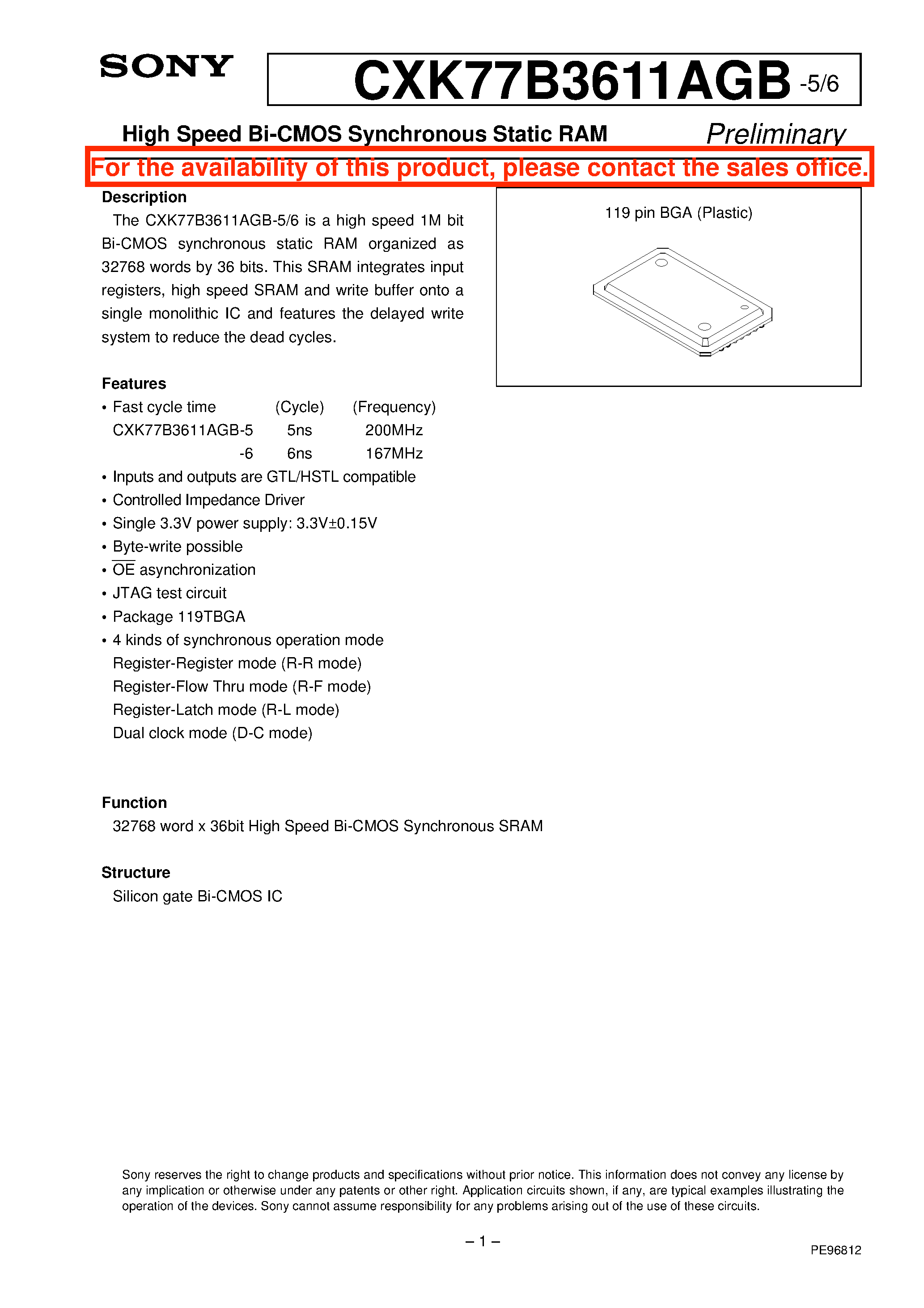 Datasheet CXK77B3611AGB-5 - High Speed Bi-CMOS Synchronous Static RAM page 1