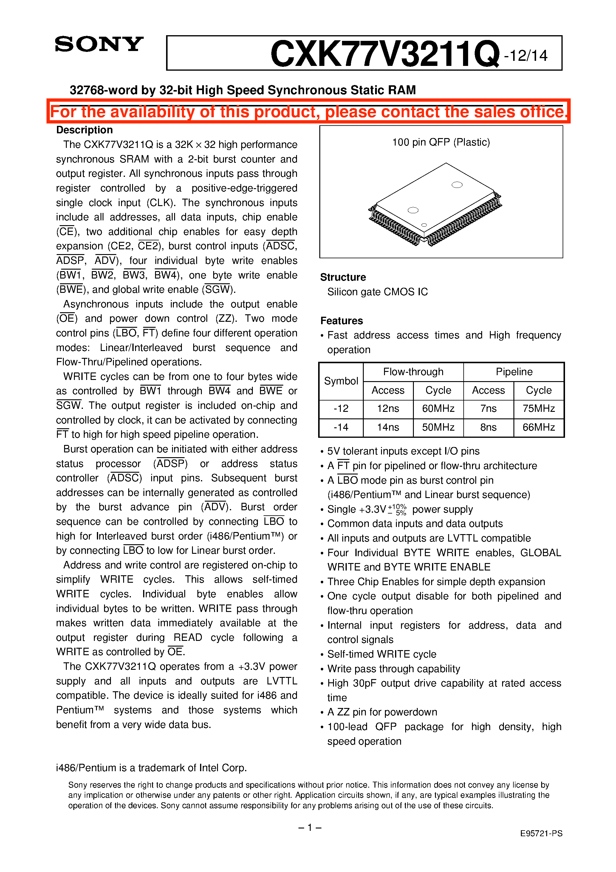 Даташит на микросхему CXK77V3211Q страница 1 Даташит CXK77V3211Q - 32768-word by 32-bit High Speed Synchronous Static RAM страница 1