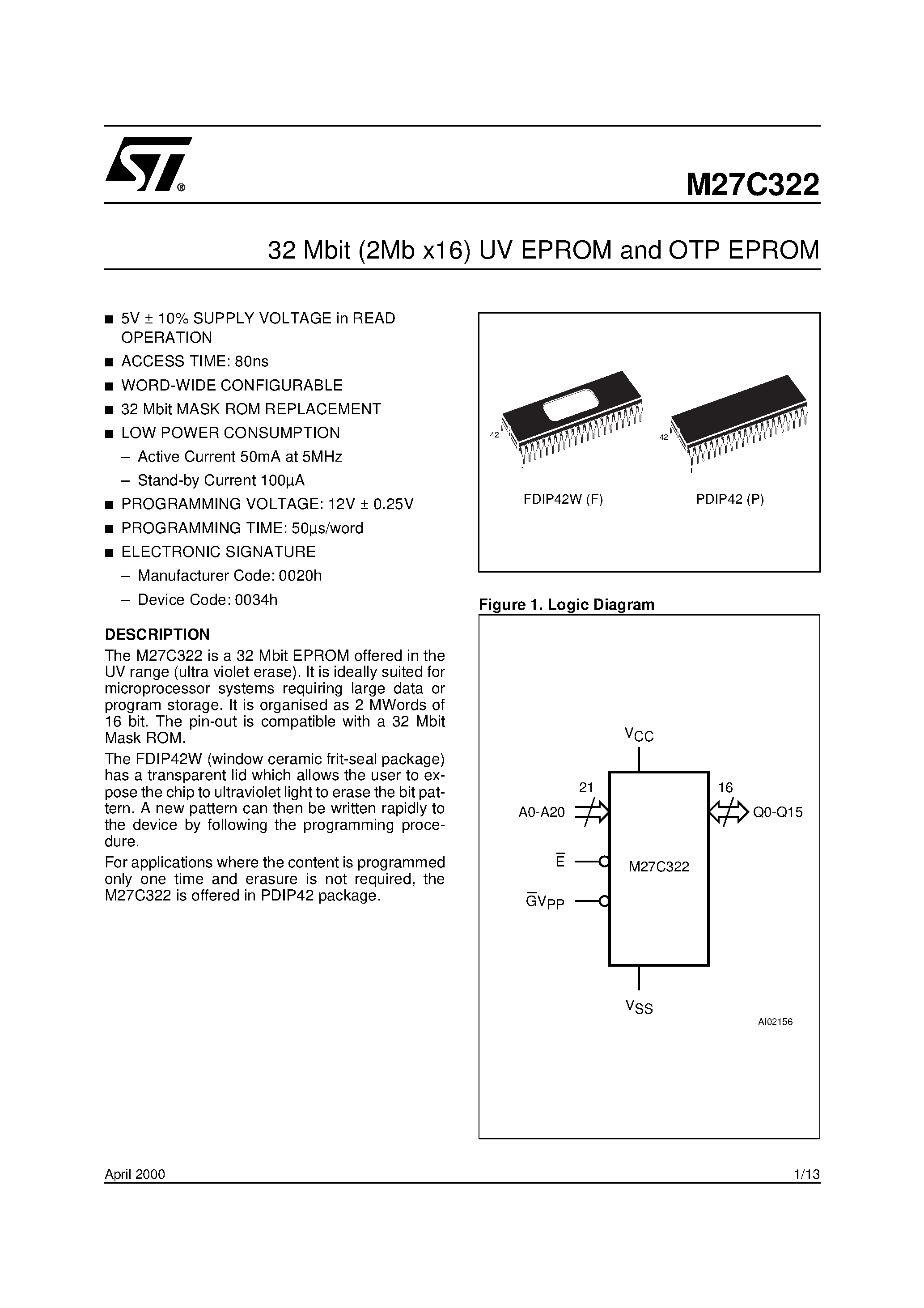 Datasheet M27C322-100P1 - 32 Mbit 2Mb x16 UV EPROM and OTP EPROM page 1