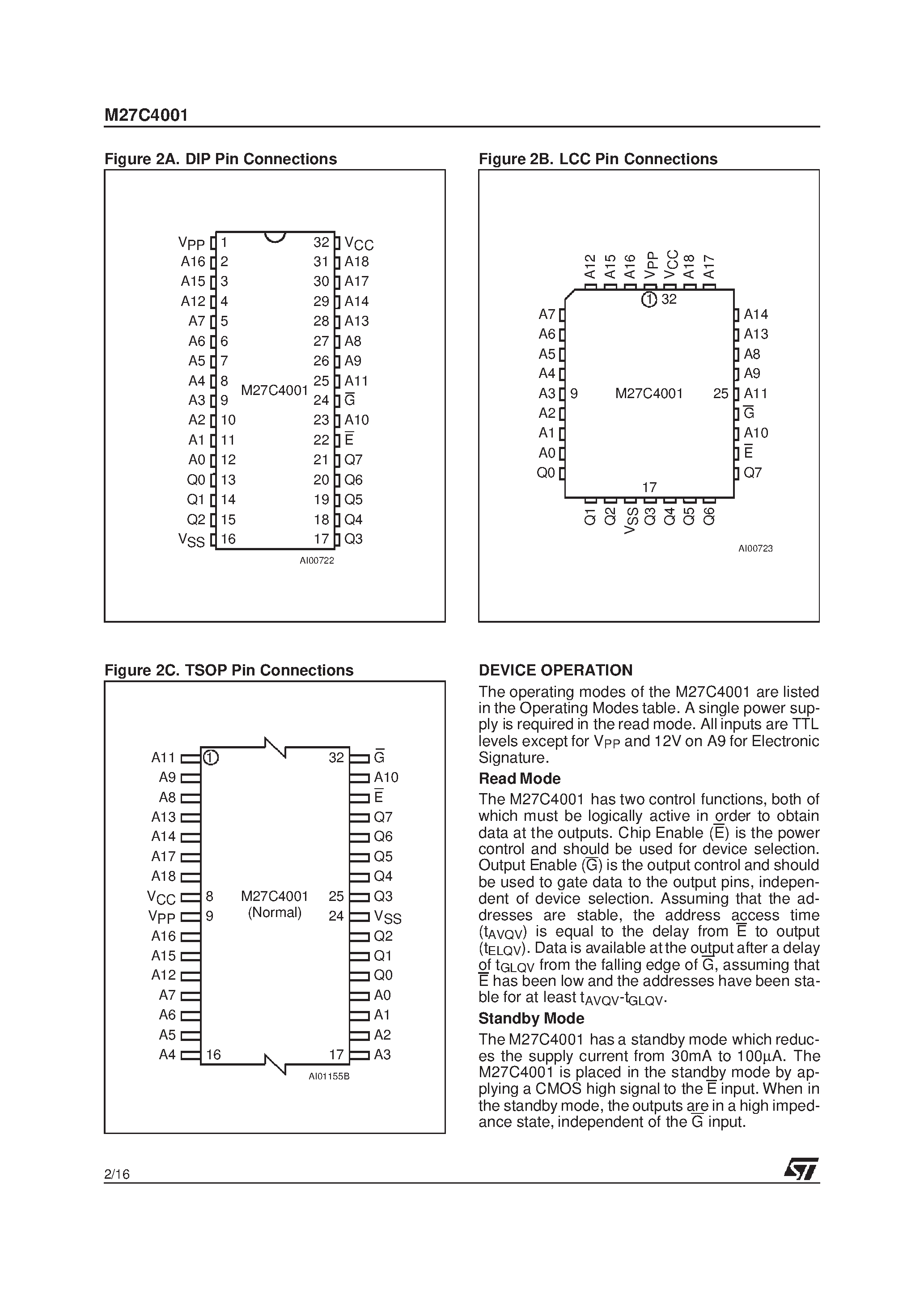 Datasheet M27C4001-12N1X page 2 Datasheet M27C4001-12N1X - 4 Mbit 512Kb x 8 UV EPROM and OTP EPROM page 2