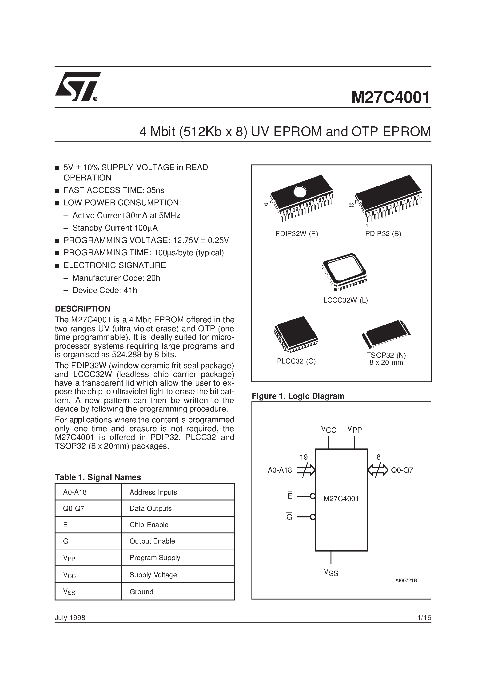 Datasheet M27C4001-70L6TR - 4 Mbit 512Kb x 8 UV EPROM and OTP EPROM page 1