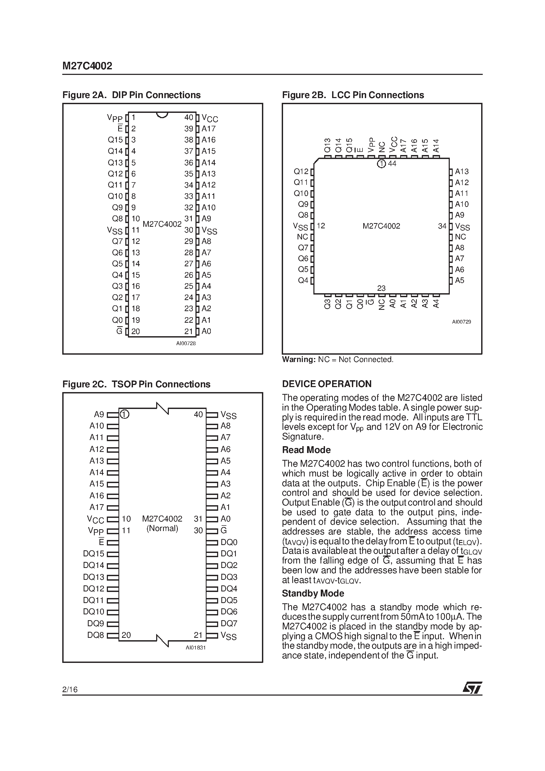 Datasheet M27C4002-12B1X - 4 Mbit 256Kb x16 UV EPROM and OTP EPROM page 2