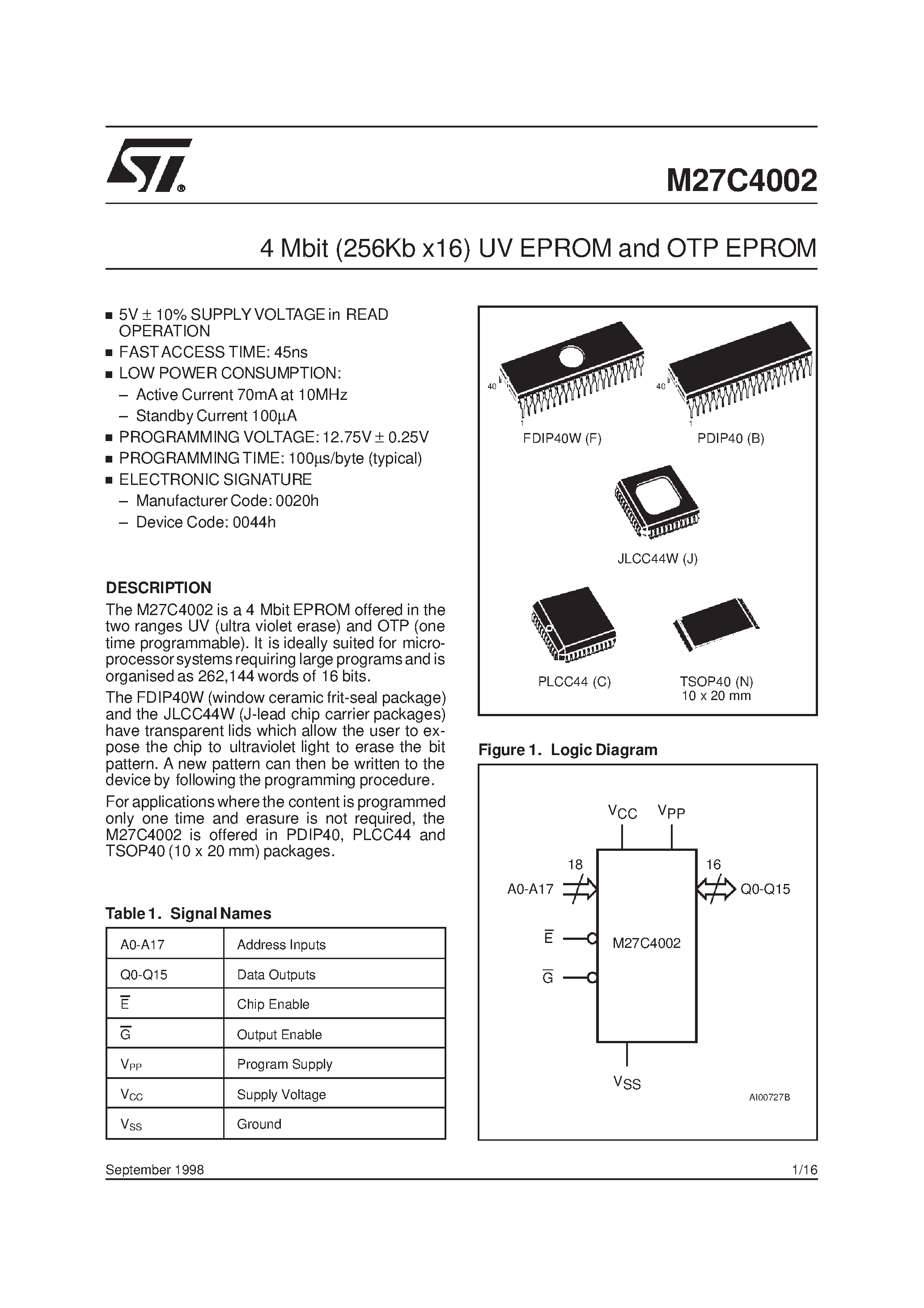 Datasheet M27C4002-12XJ6X - 4 Mbit 256Kb x16 UV EPROM and OTP EPROM page 1