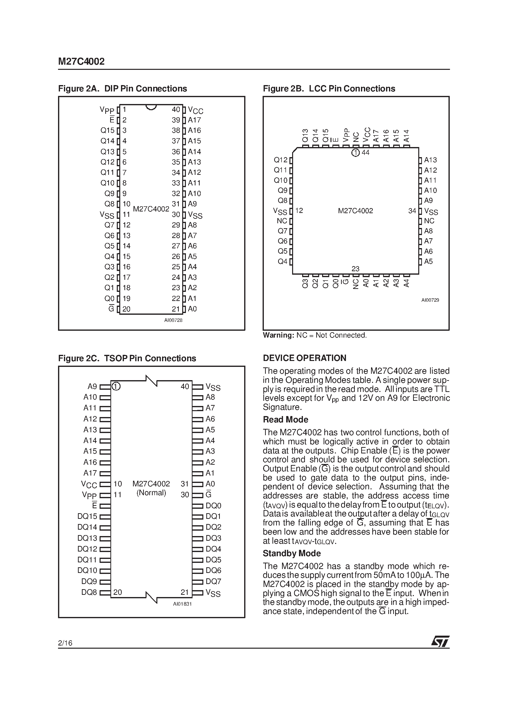 Datasheet M27C4002-20XN6TR - 4 Mbit 256Kb x16 UV EPROM and OTP EPROM page 2