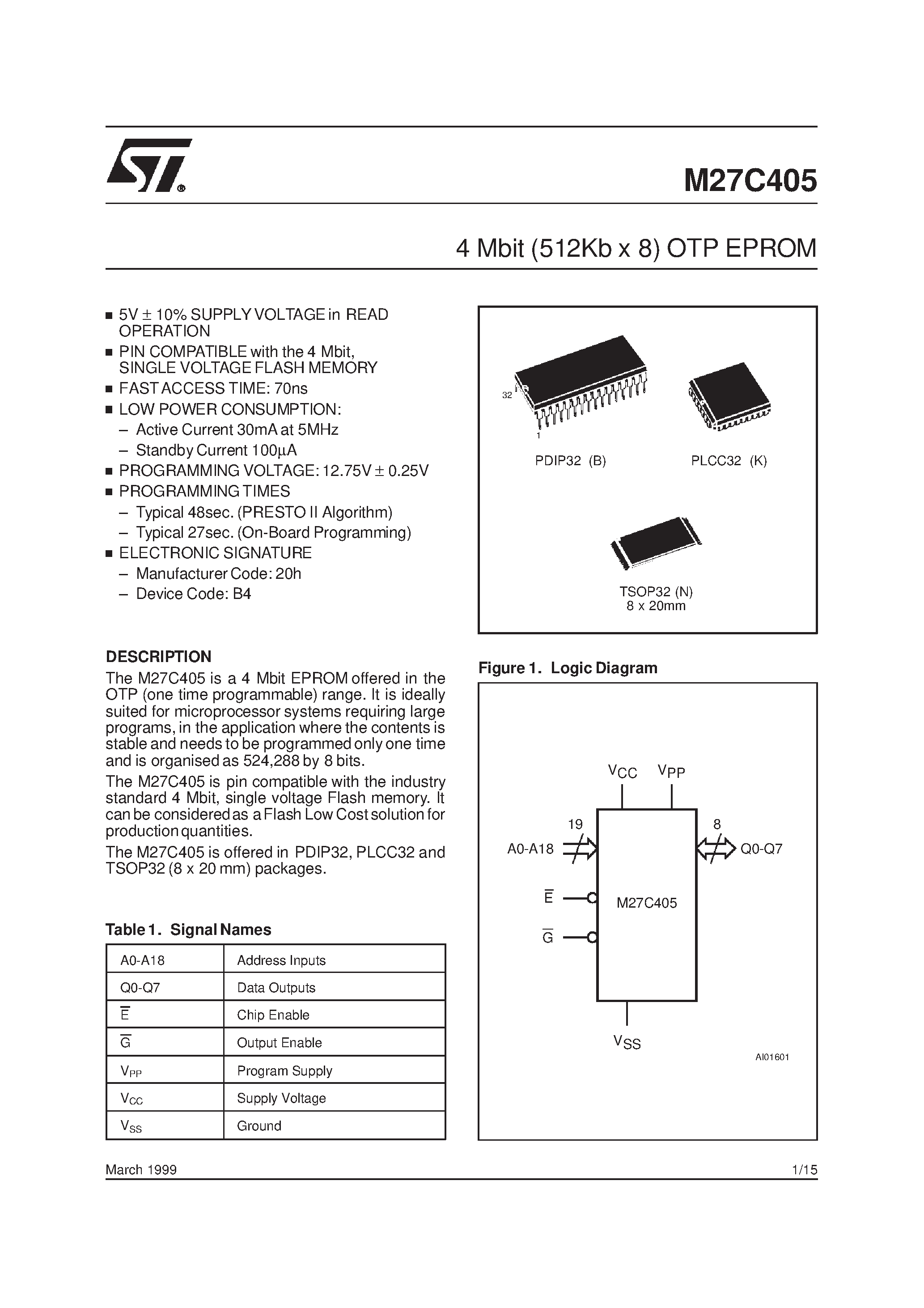 Datasheet M27C405-150N6TR - 4 Mbit 512Kb x 8 OTP EPROM page 1