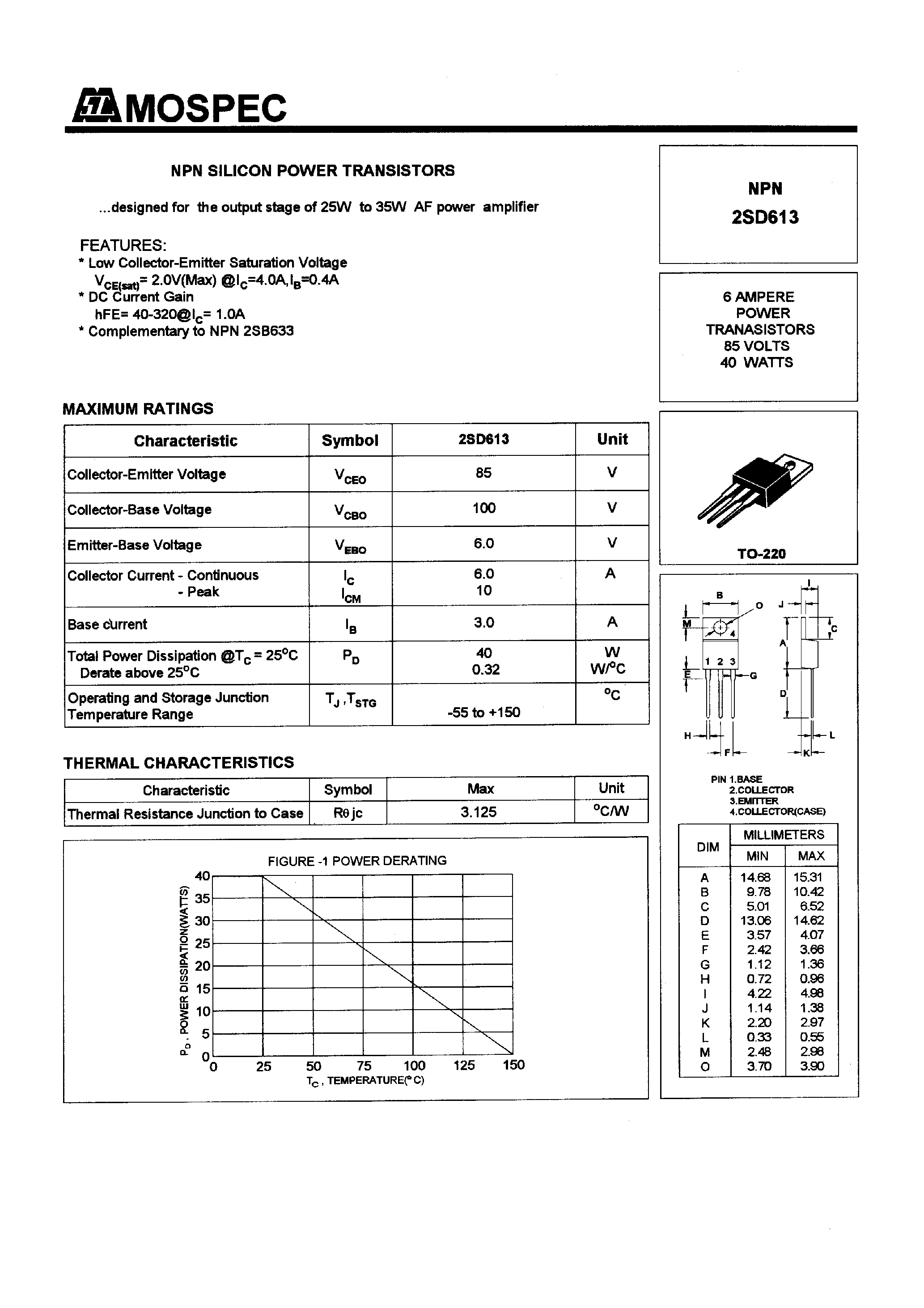 Даташит 2SD613 - POWER TRANSISTORS(6A/85V/40W) страница 1