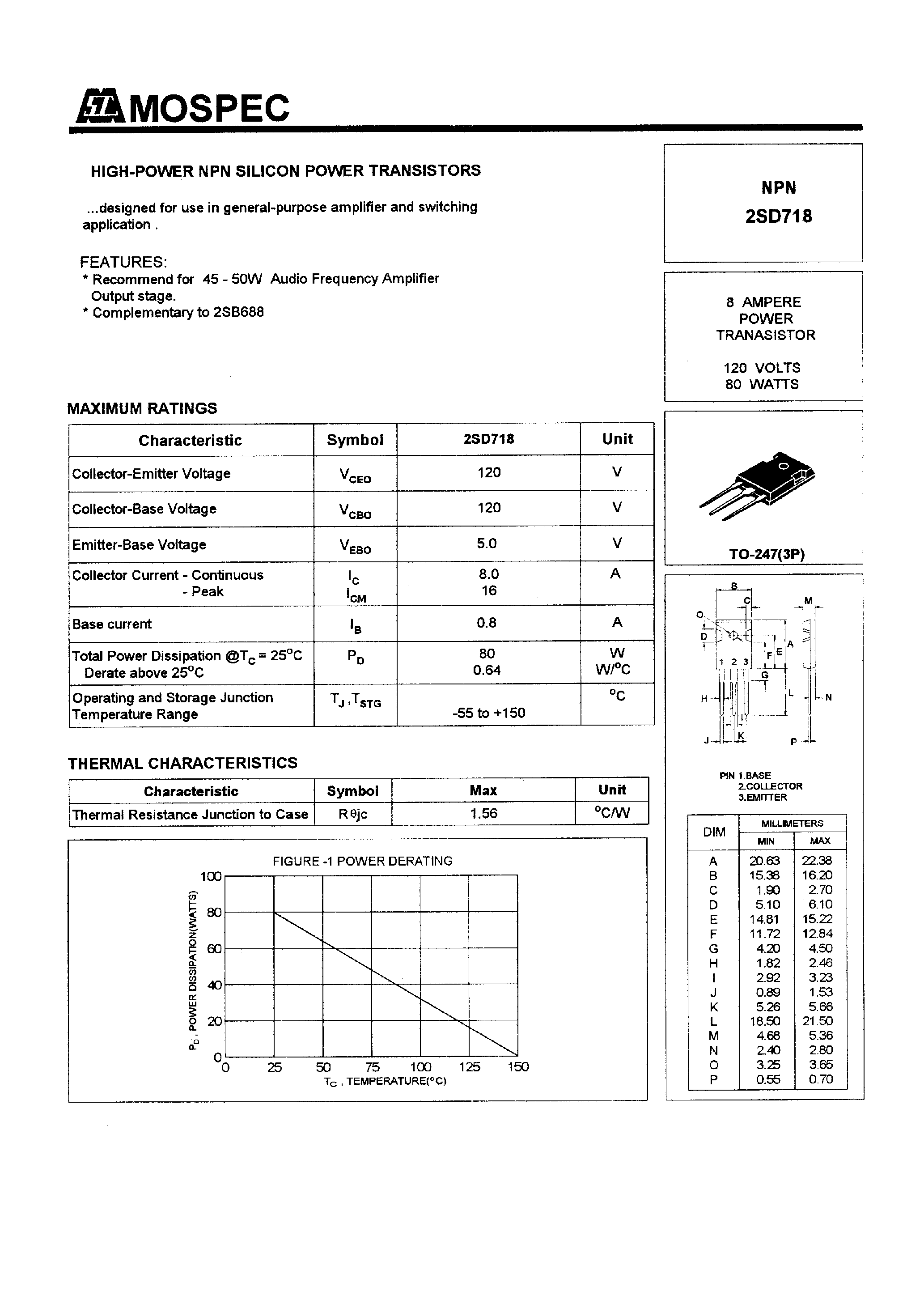 Даташит 2SD718 - POWER TRANSISTORS(8A/120V/80W) страница 1