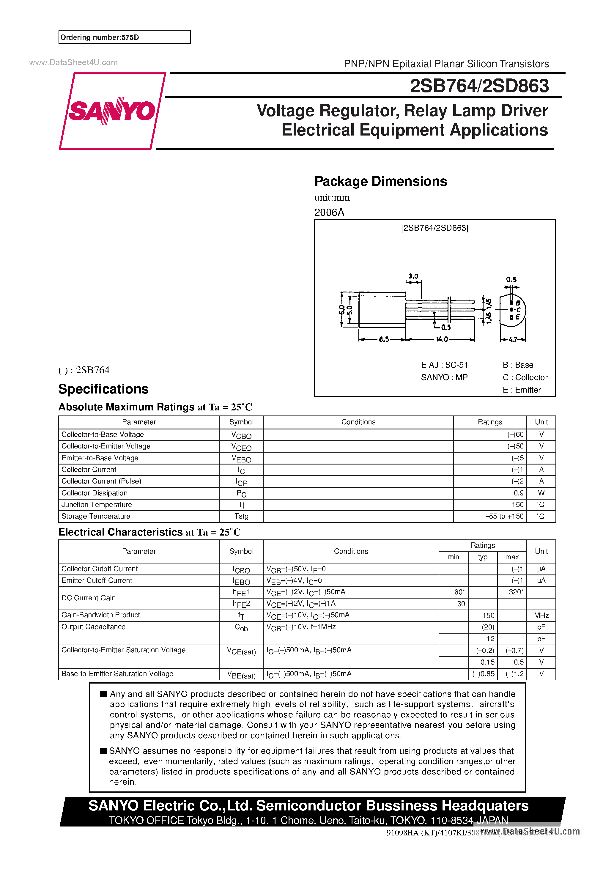 Datasheet 2SD863 - Voltage Regulator/ Relay Lamp Driver Electrical Equipment Applications page 1