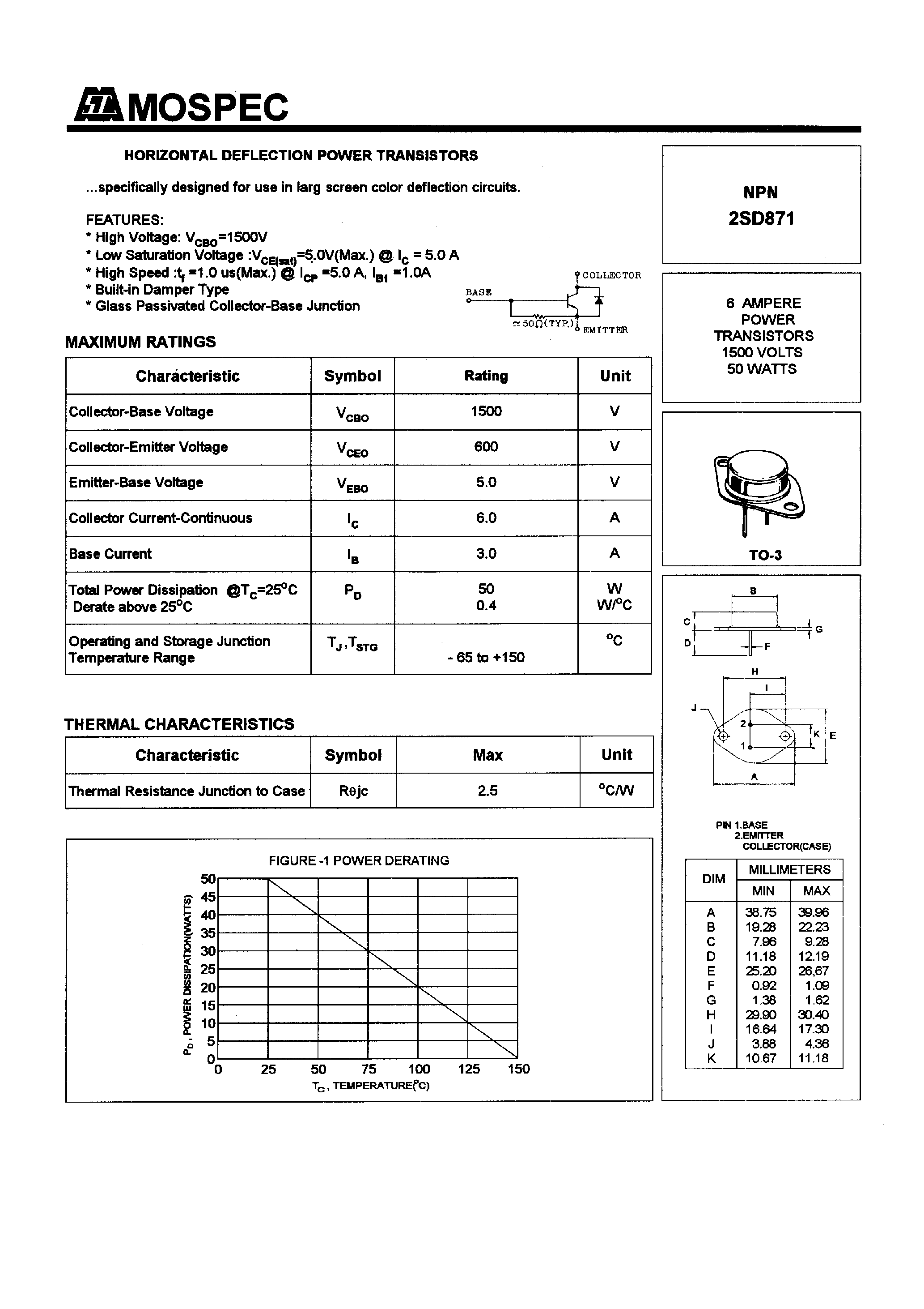 Даташит 2SD871 - POWER TRANSISTORS(6A/1500V/50W) страница 1